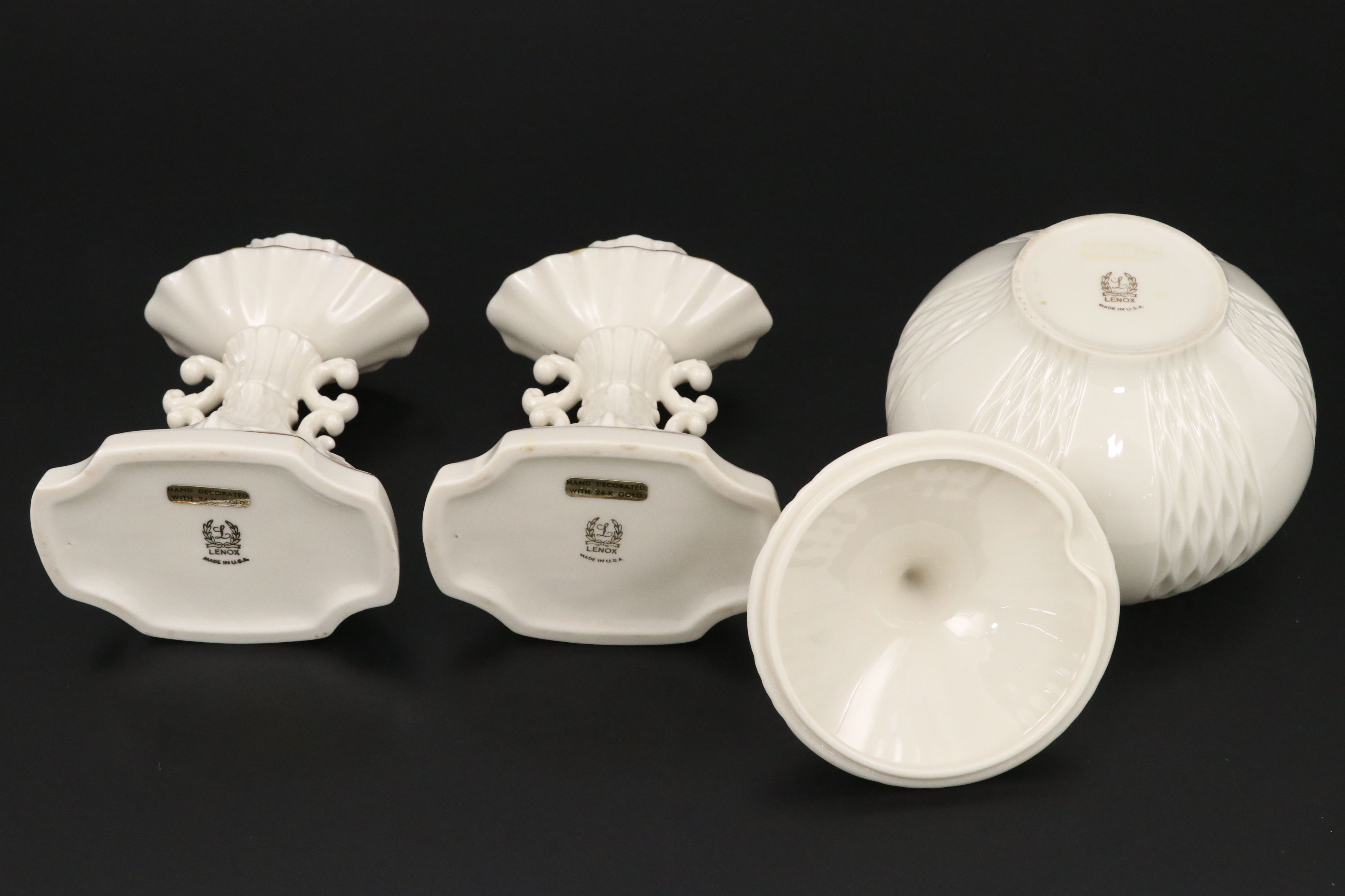 Lenox Porcelain Footed Bowl, Pitcher, Candle Holders, and Lidded Jar