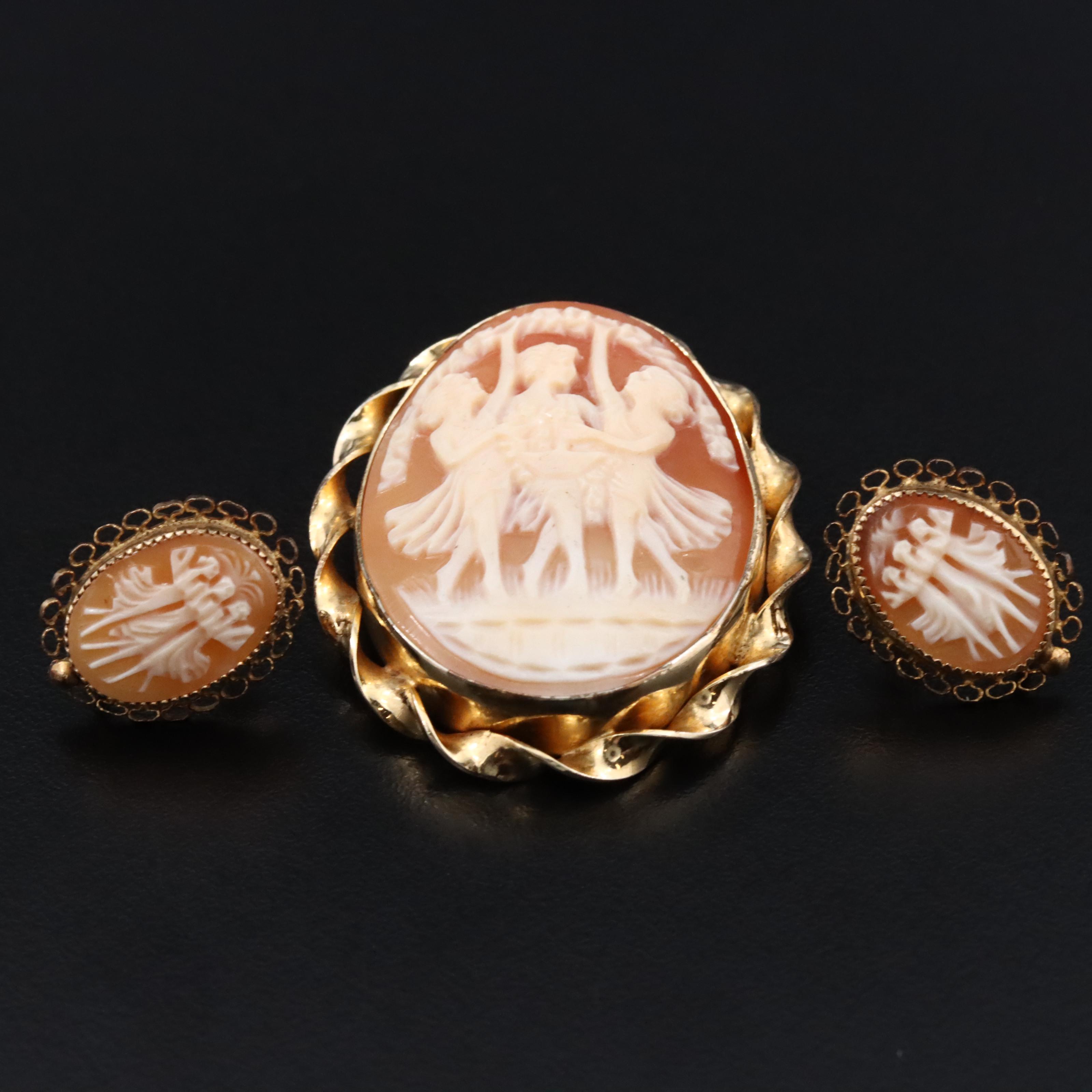 Gold-Filled Shell Cameo Brooch and Earrings