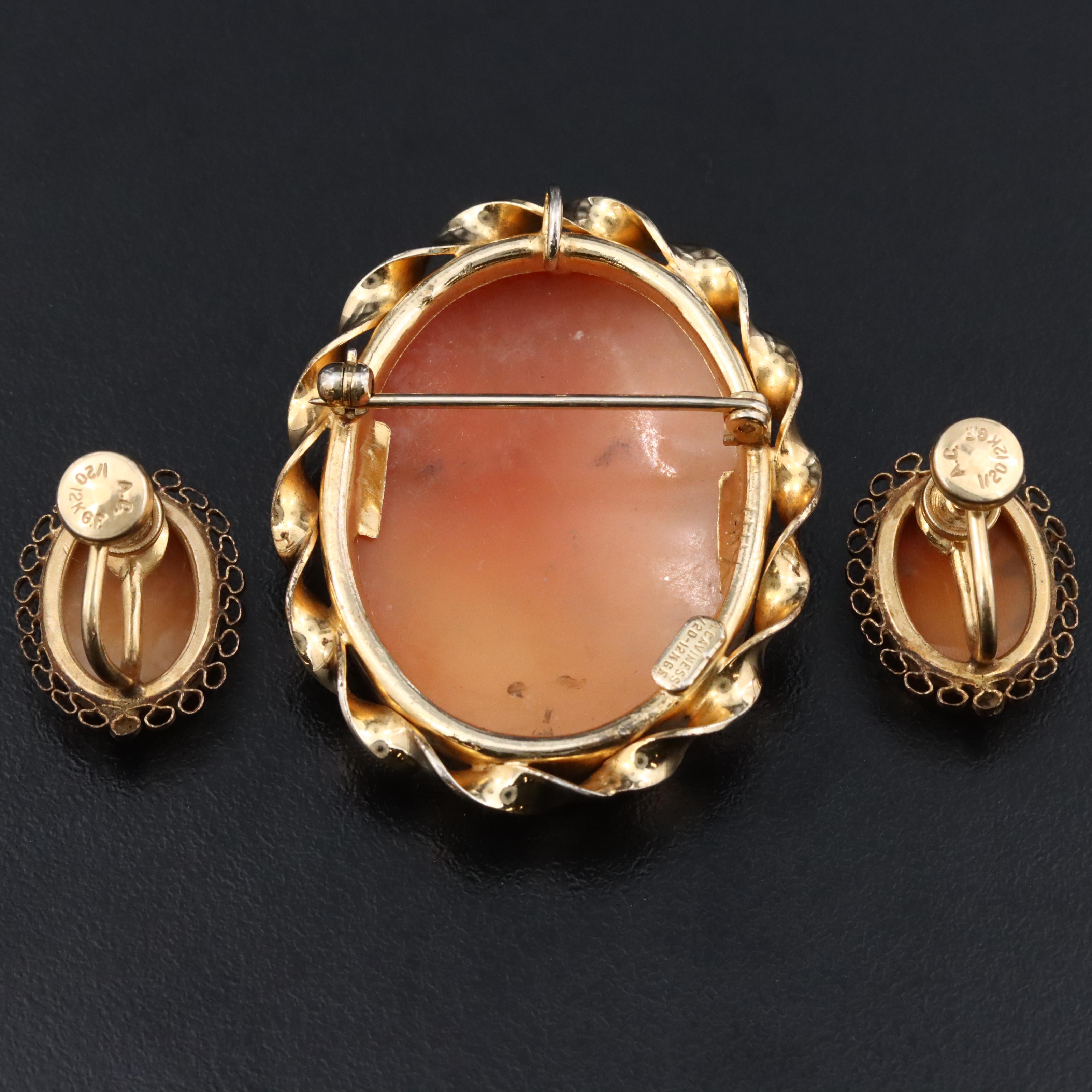 Gold-Filled Shell Cameo Brooch and Earrings