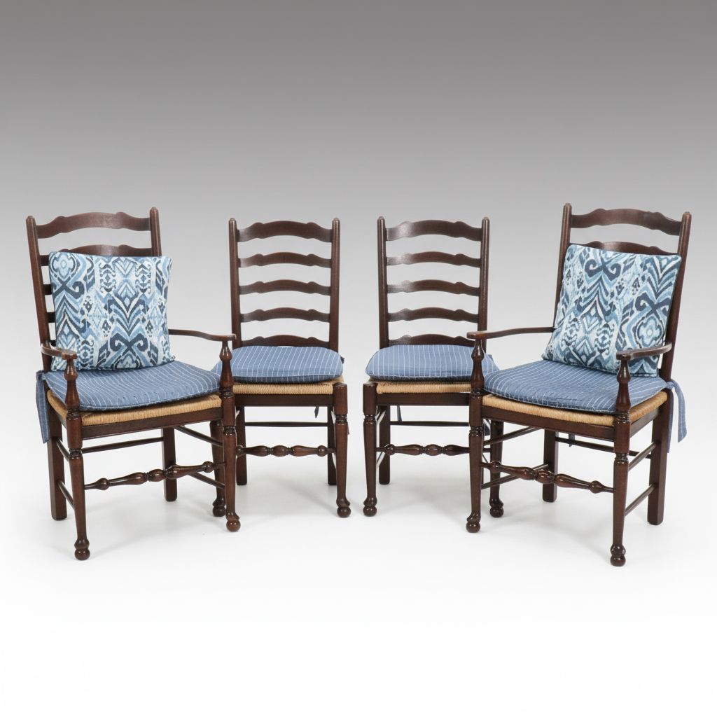 Four Early American Style Painted Wood Ladder-Back Chairs with Rush Seats