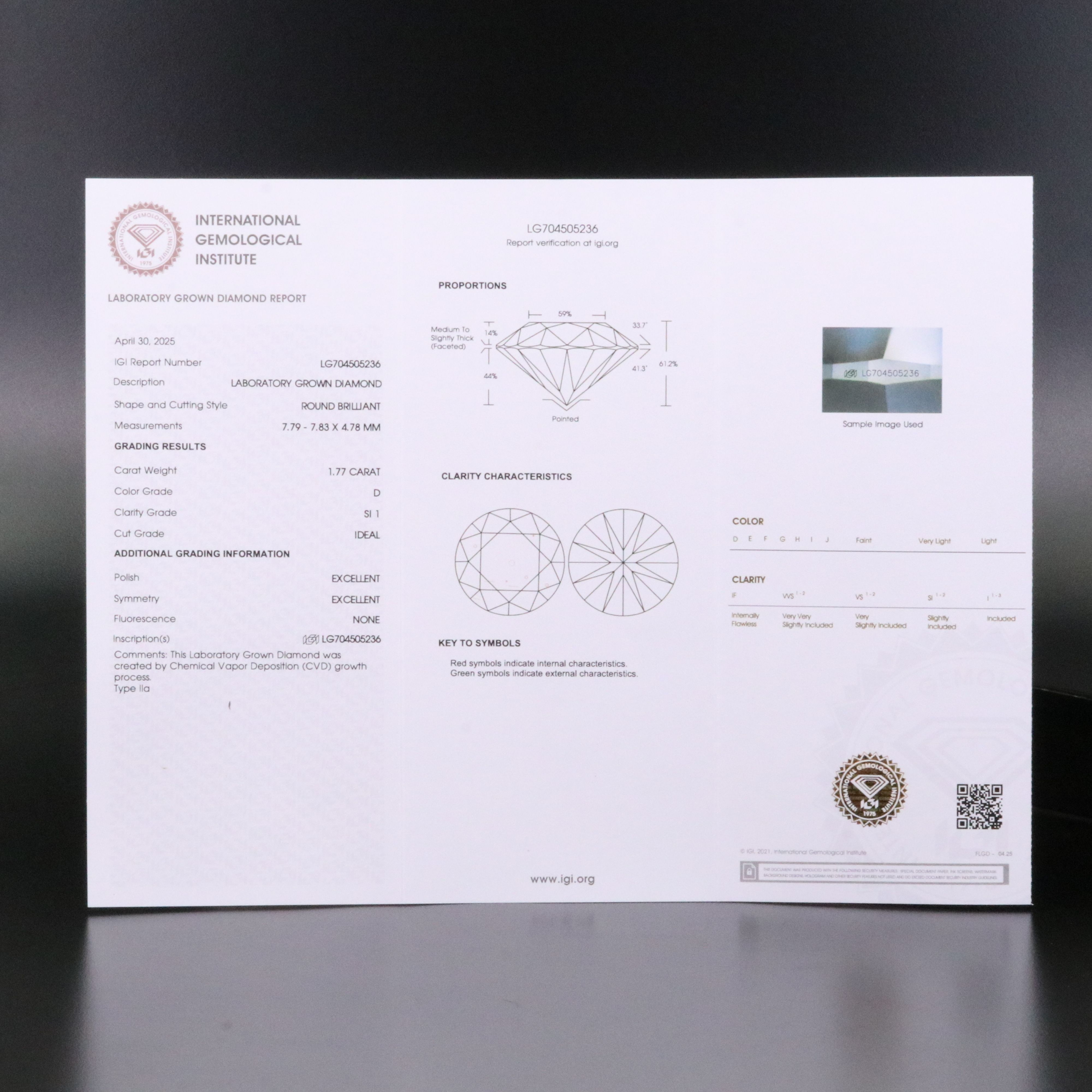 Loose 1.77 CT Lab Grown Diamond with IGI Report