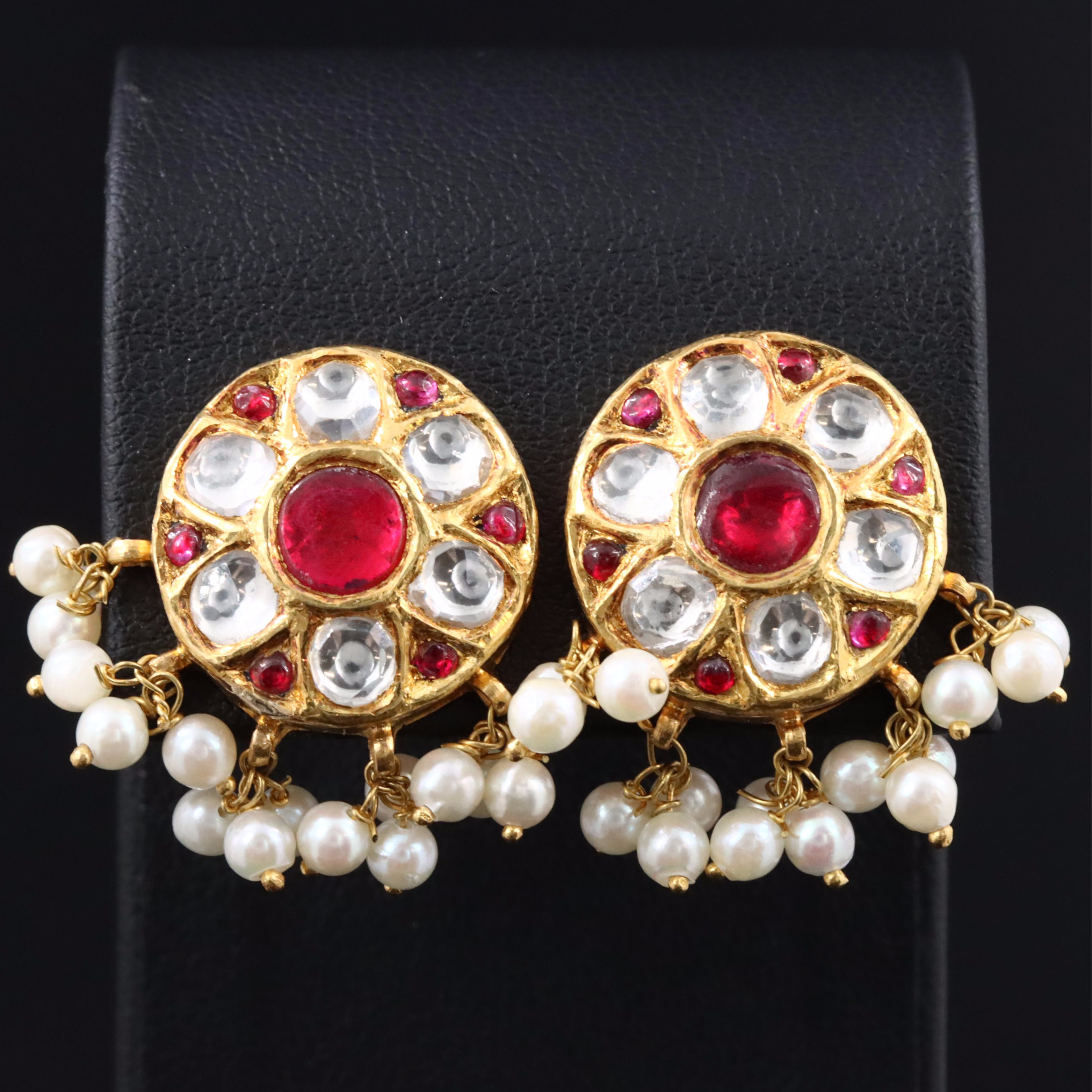 Pearl, Ruby, and White Sapphire Earrings with 21K Posts and Backs