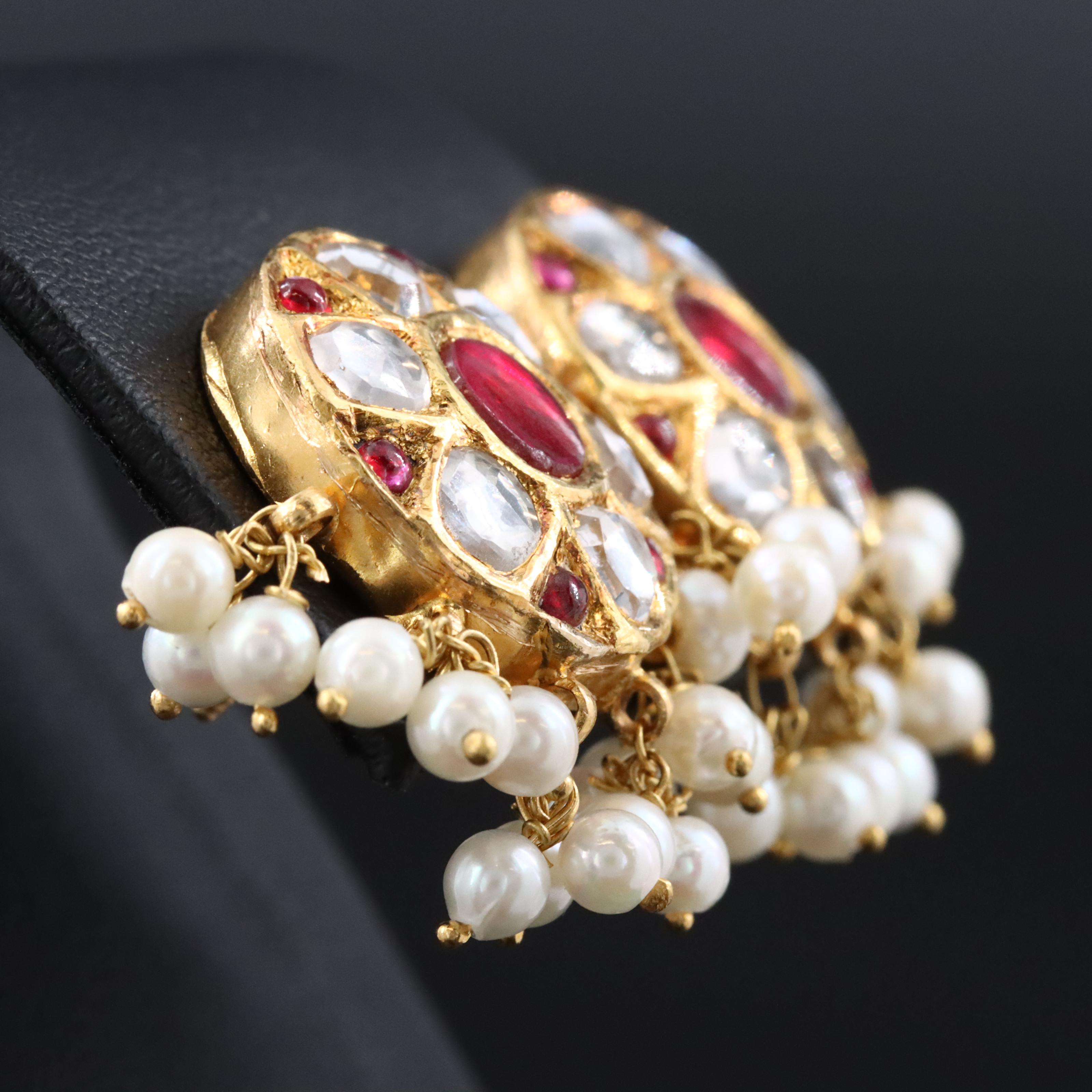 Pearl, Ruby, and White Sapphire Earrings with 21K Posts and Backs