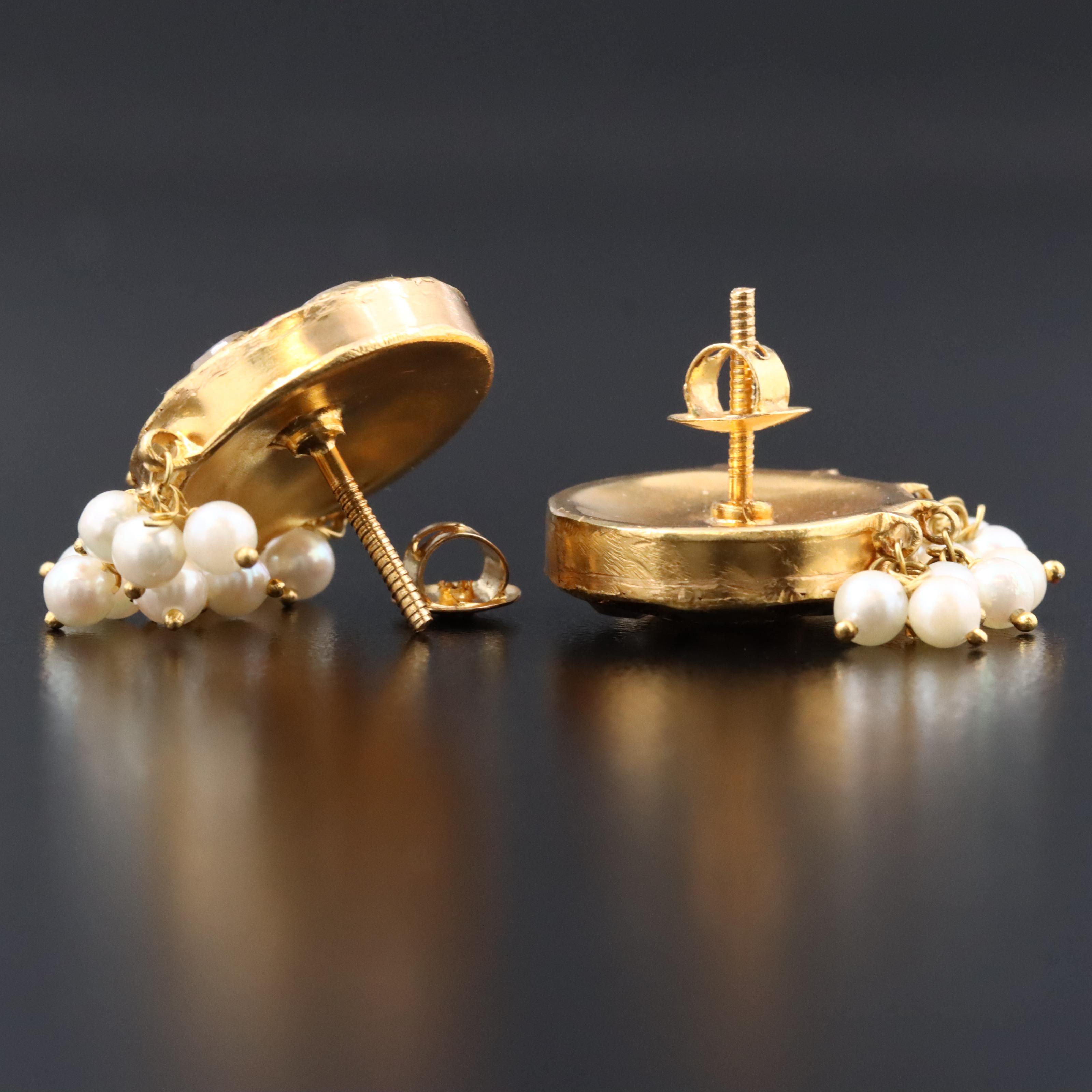 Pearl, Ruby, and White Sapphire Earrings with 21K Posts and Backs