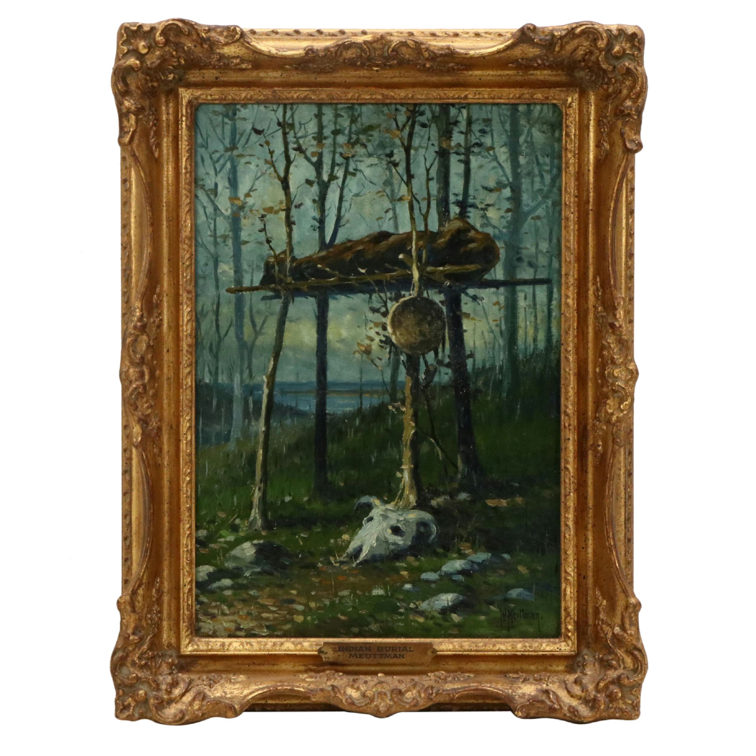 William Meuttman Oil Painting "Indian Burial," Late 19th–Early 20th Century