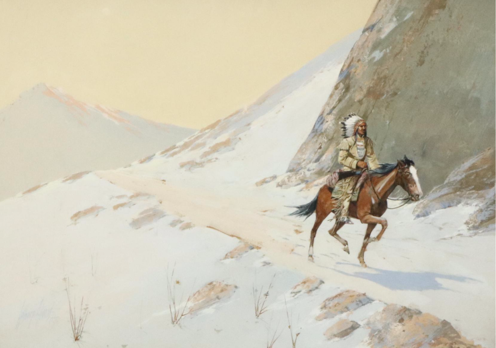 William Apthorp Adams Gouache Painting with Native American on Horse, 1907