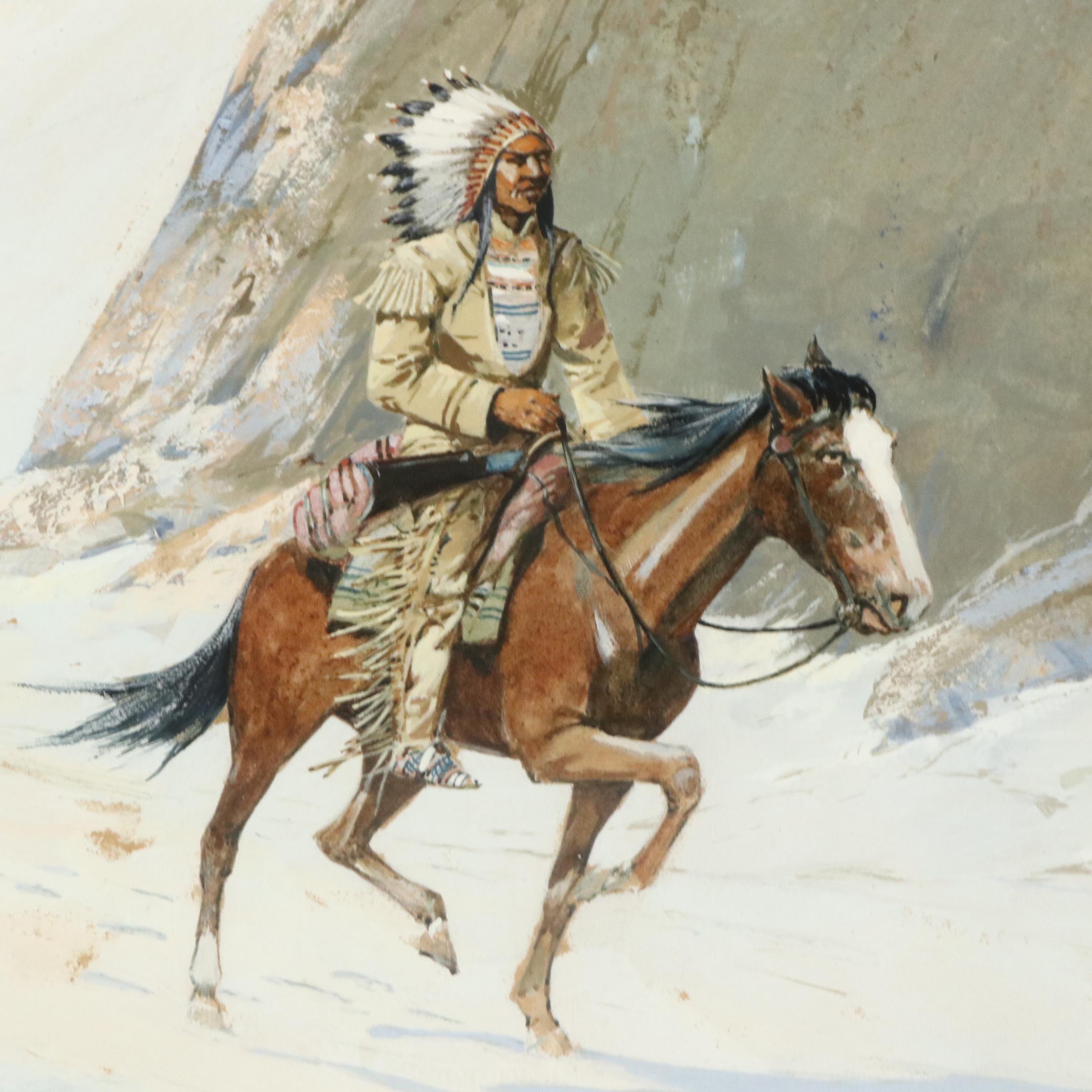 William Apthorp Adams Gouache Painting with Native American on Horse, 1907