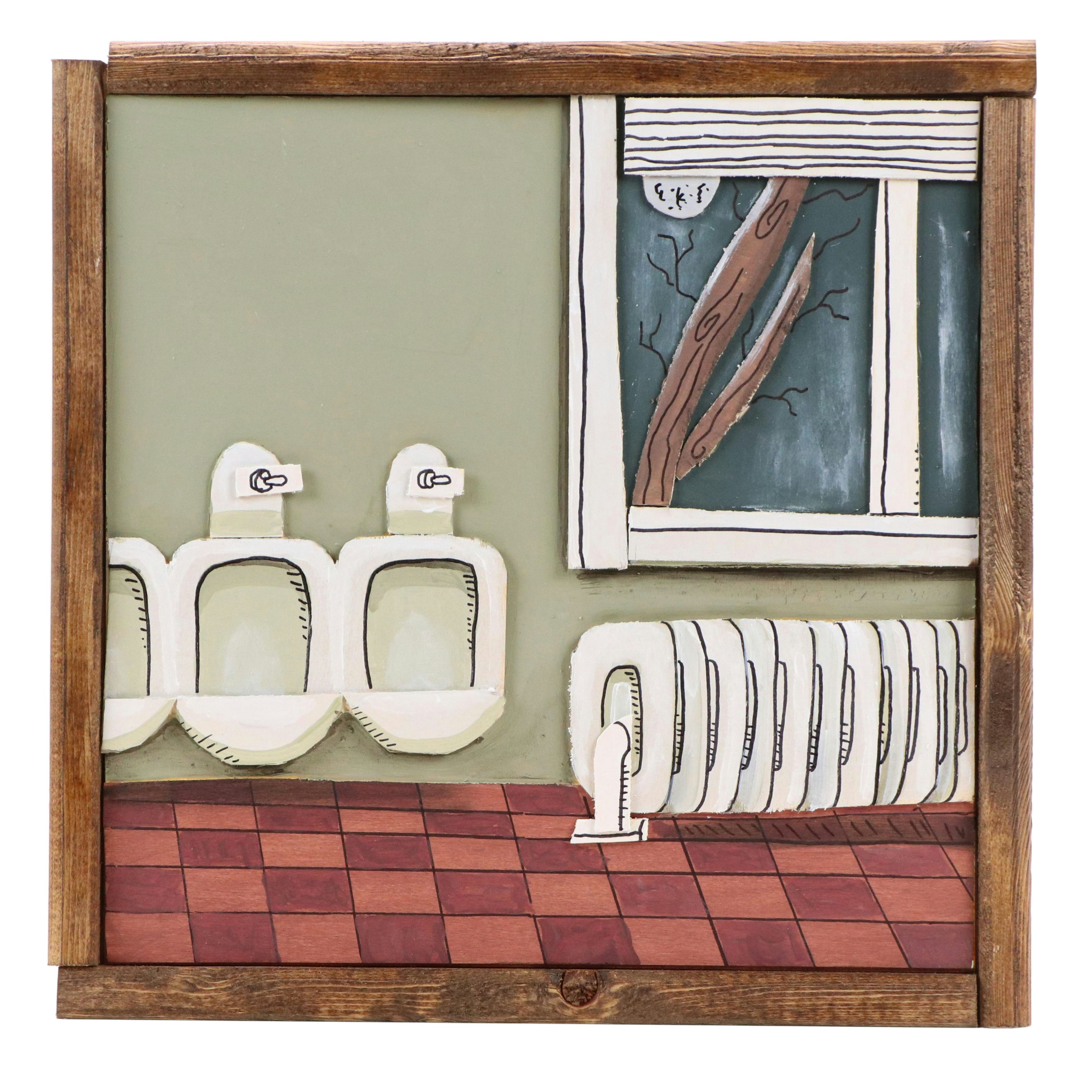 Aaron Wooten Dimensional Stylized Mixed Media Painting "A Bathroom," 2025