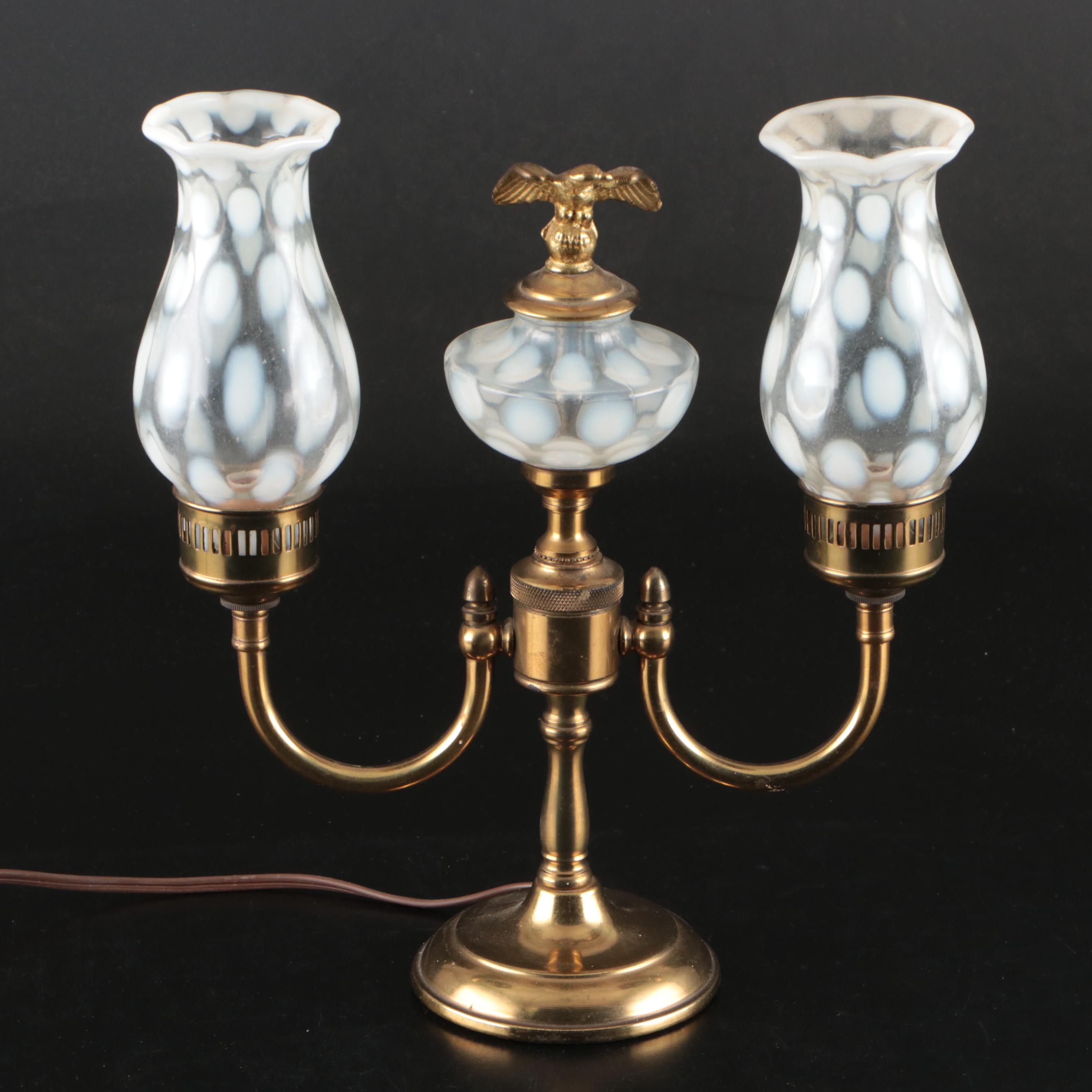 Fenton Opalescent Coin Dot Glass and Brass Table Lamp with Eagle Finial