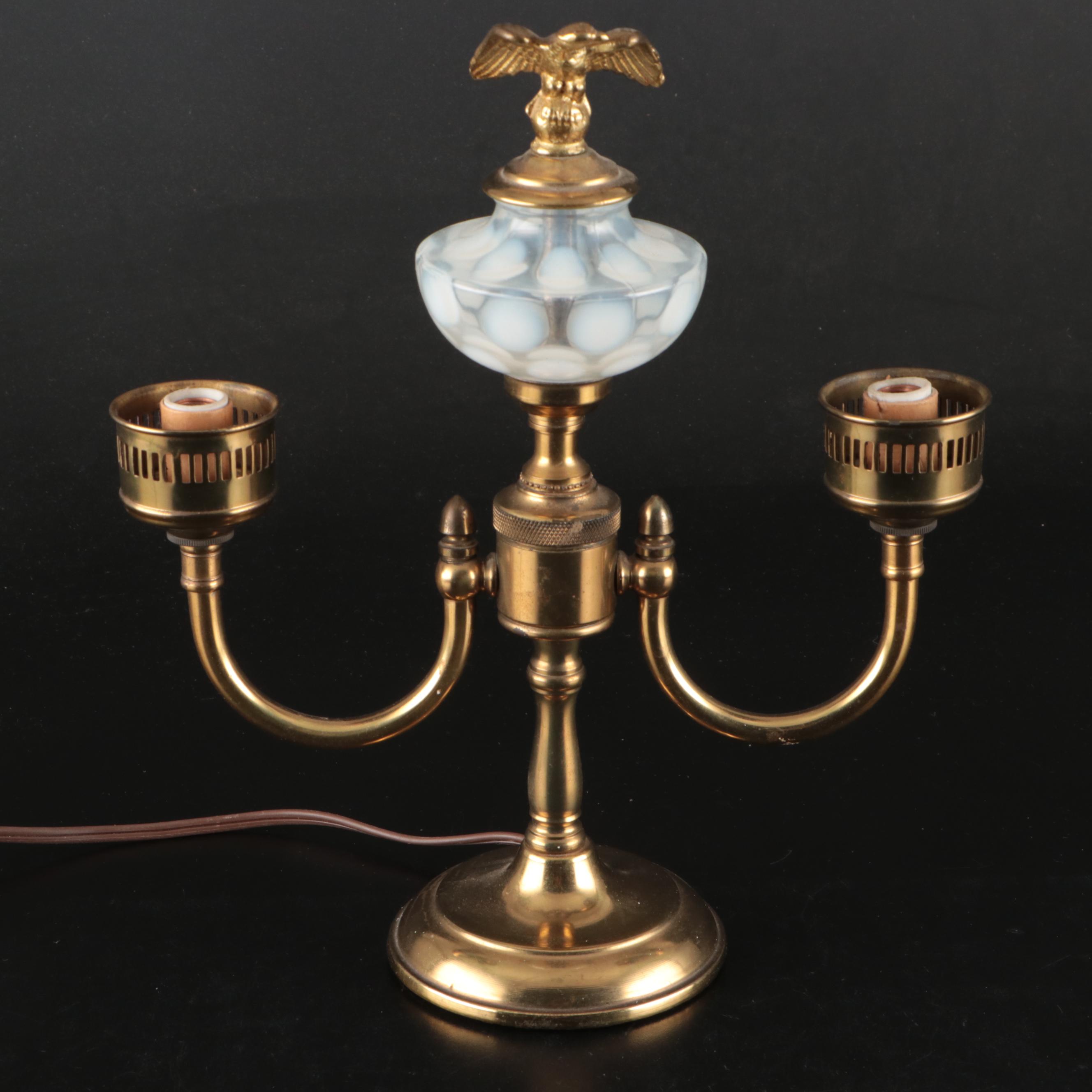 Fenton Opalescent Coin Dot Glass and Brass Table Lamp with Eagle Finial
