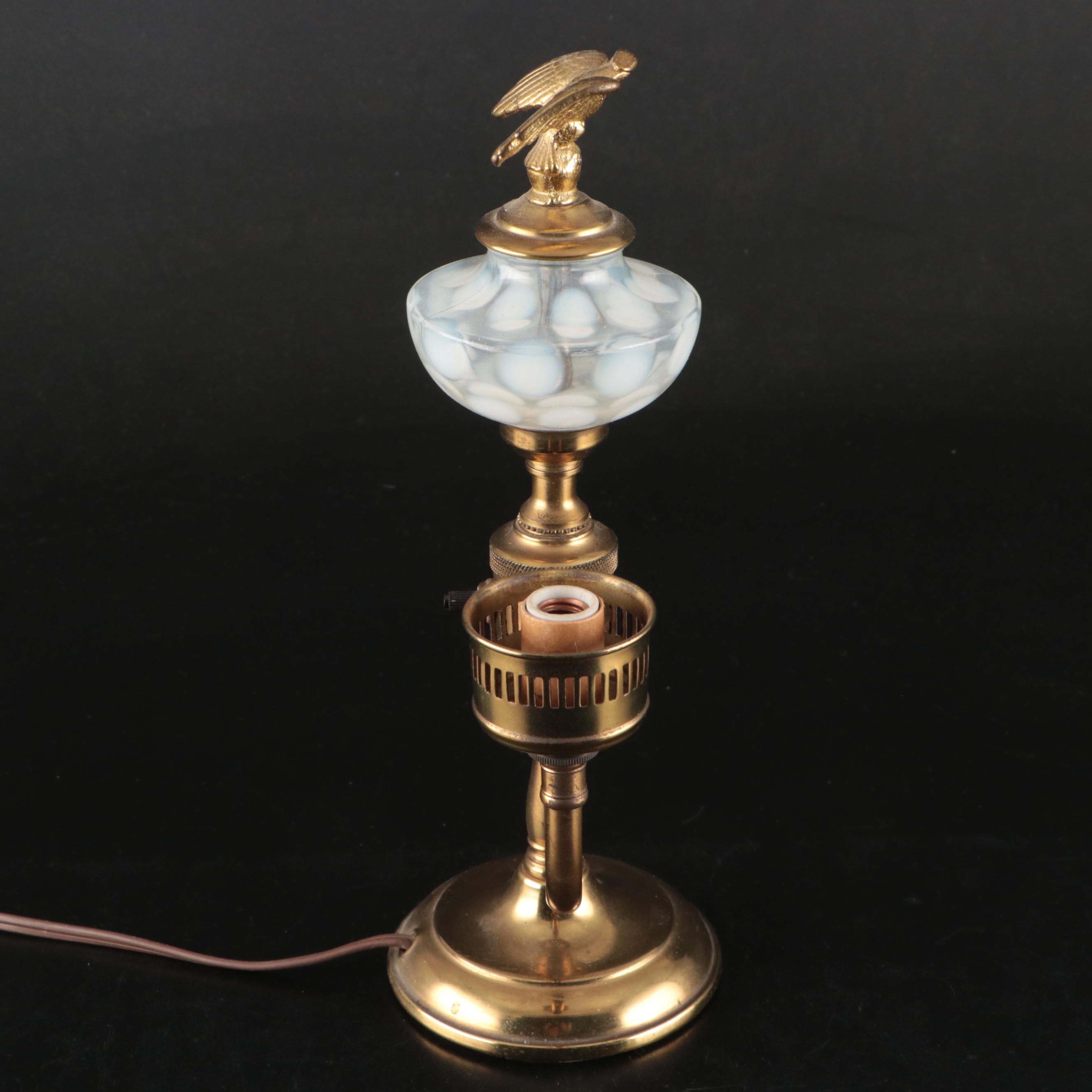 Fenton Opalescent Coin Dot Glass and Brass Table Lamp with Eagle Finial