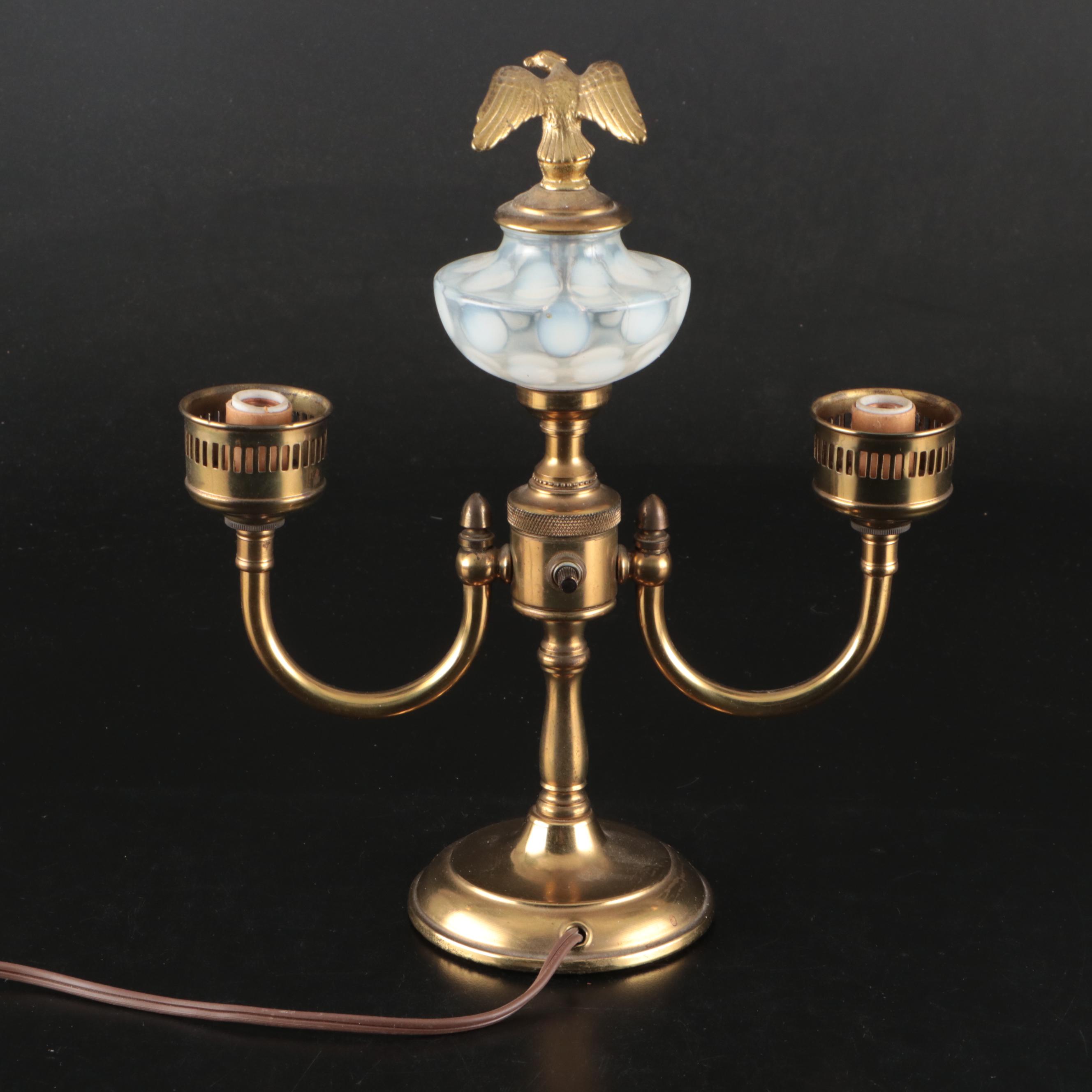 Fenton Opalescent Coin Dot Glass and Brass Table Lamp with Eagle Finial