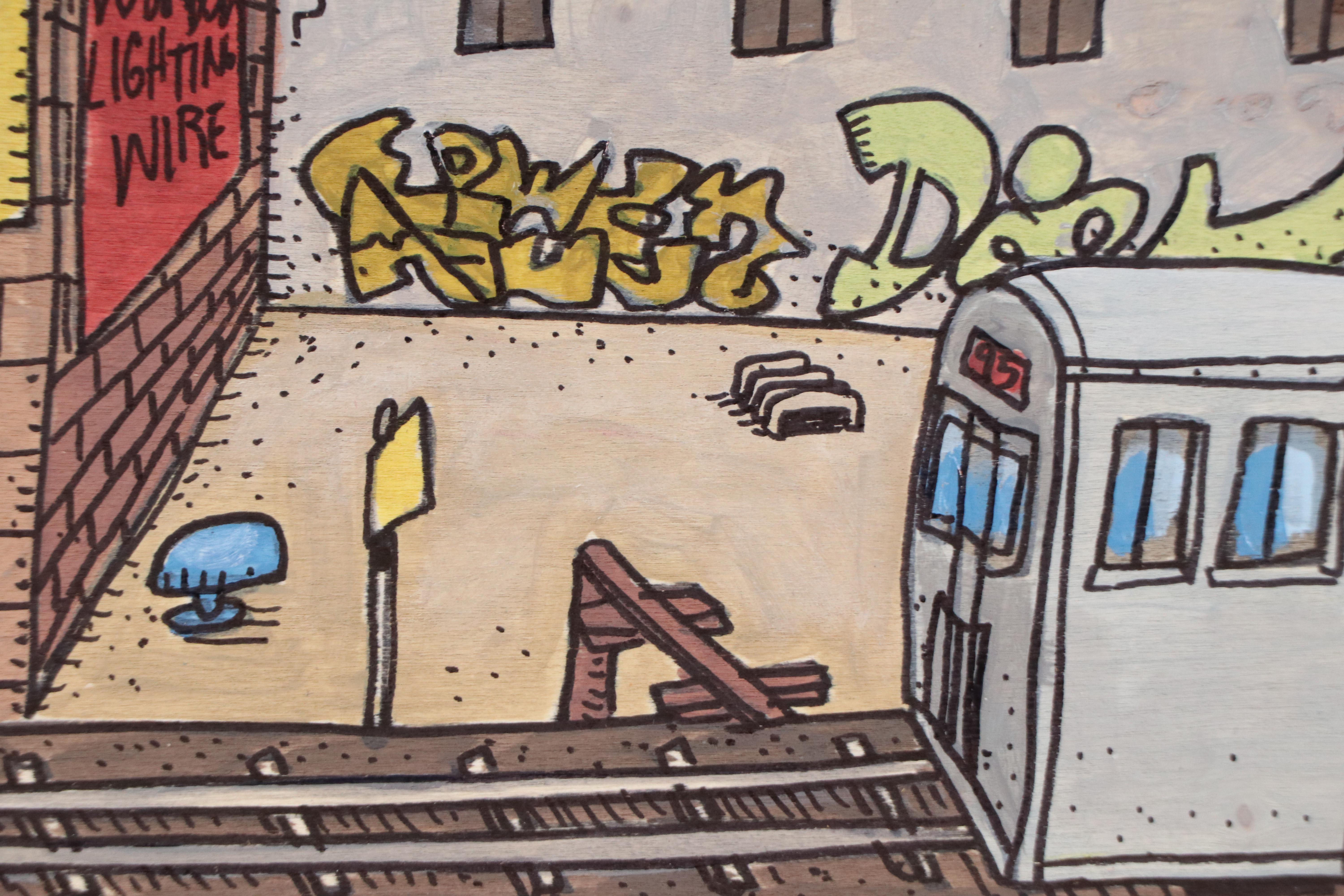 Aaron Wooten Stylized Cityscape Mixed Media Painting "View from the Red Line"