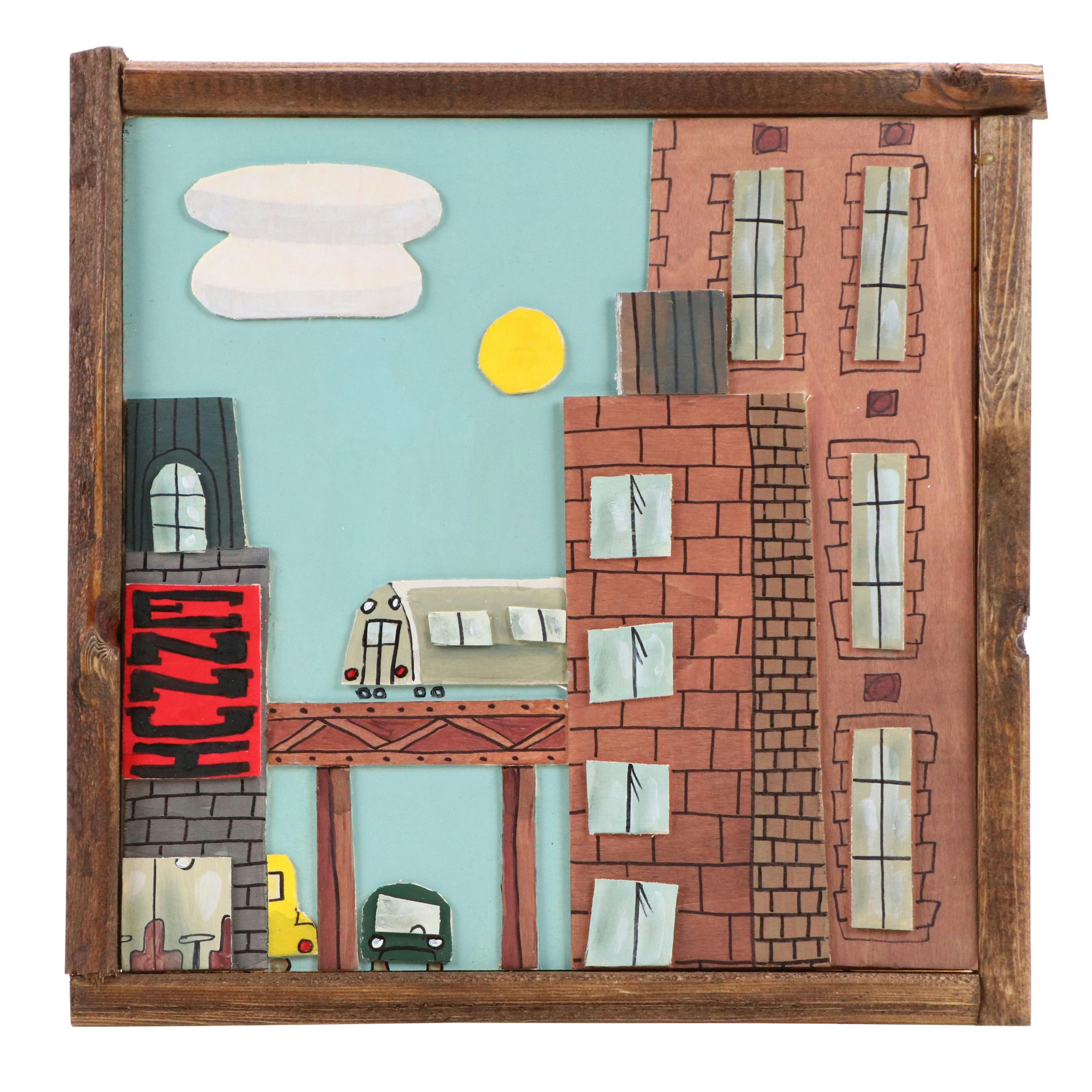 Aaron Wooten Dimensional Cityscape Mixed Media Painting "Ennui," 2025