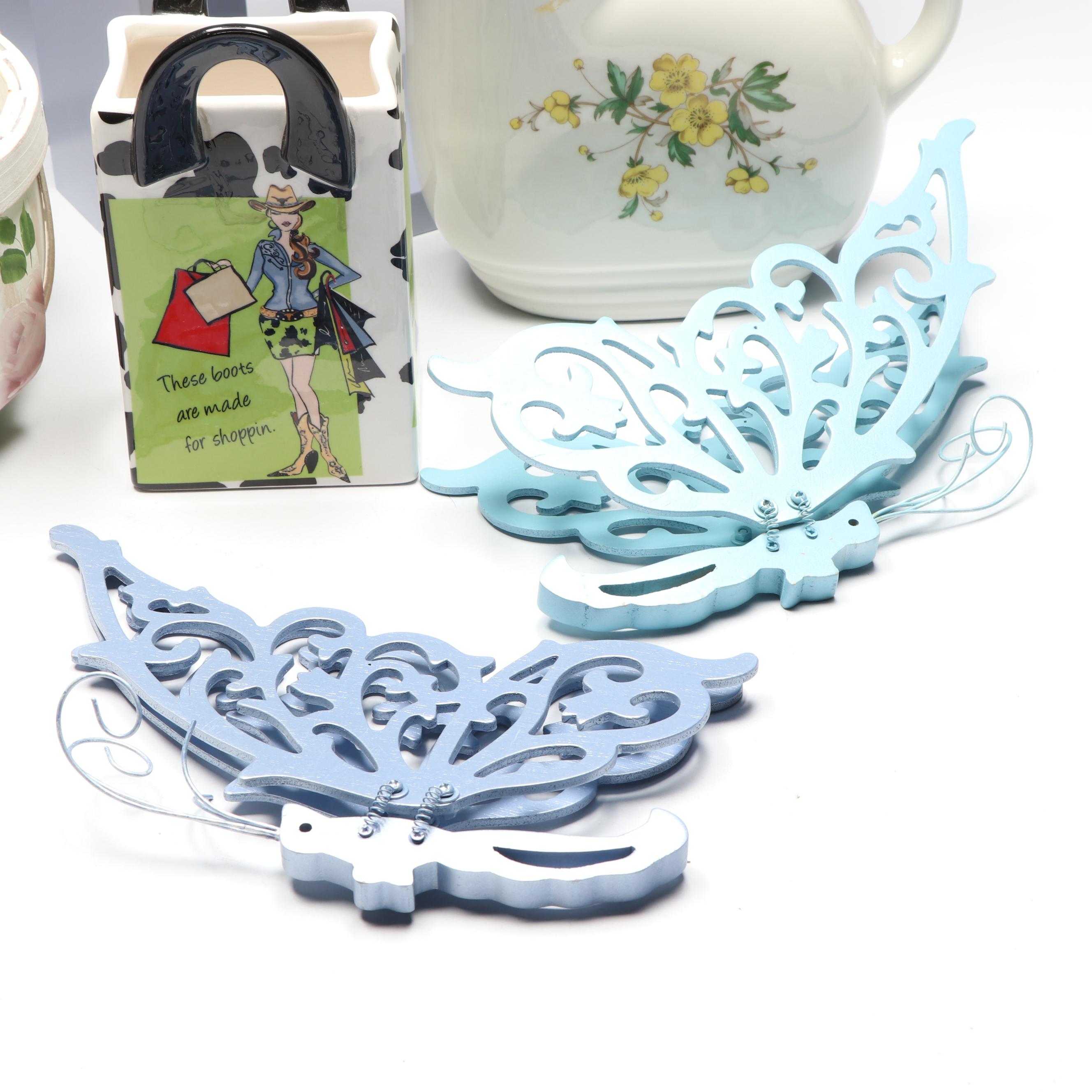 Knowles Utility Ware Ceramic Pitcher, Wood Shelves, and More Home Décor