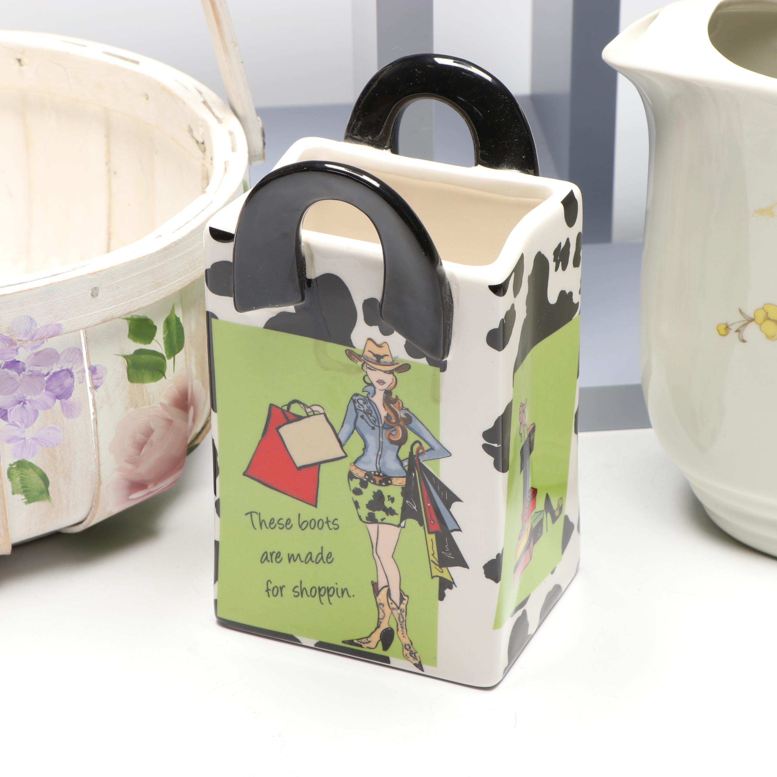 Knowles Utility Ware Ceramic Pitcher, Wood Shelves, and More Home Décor