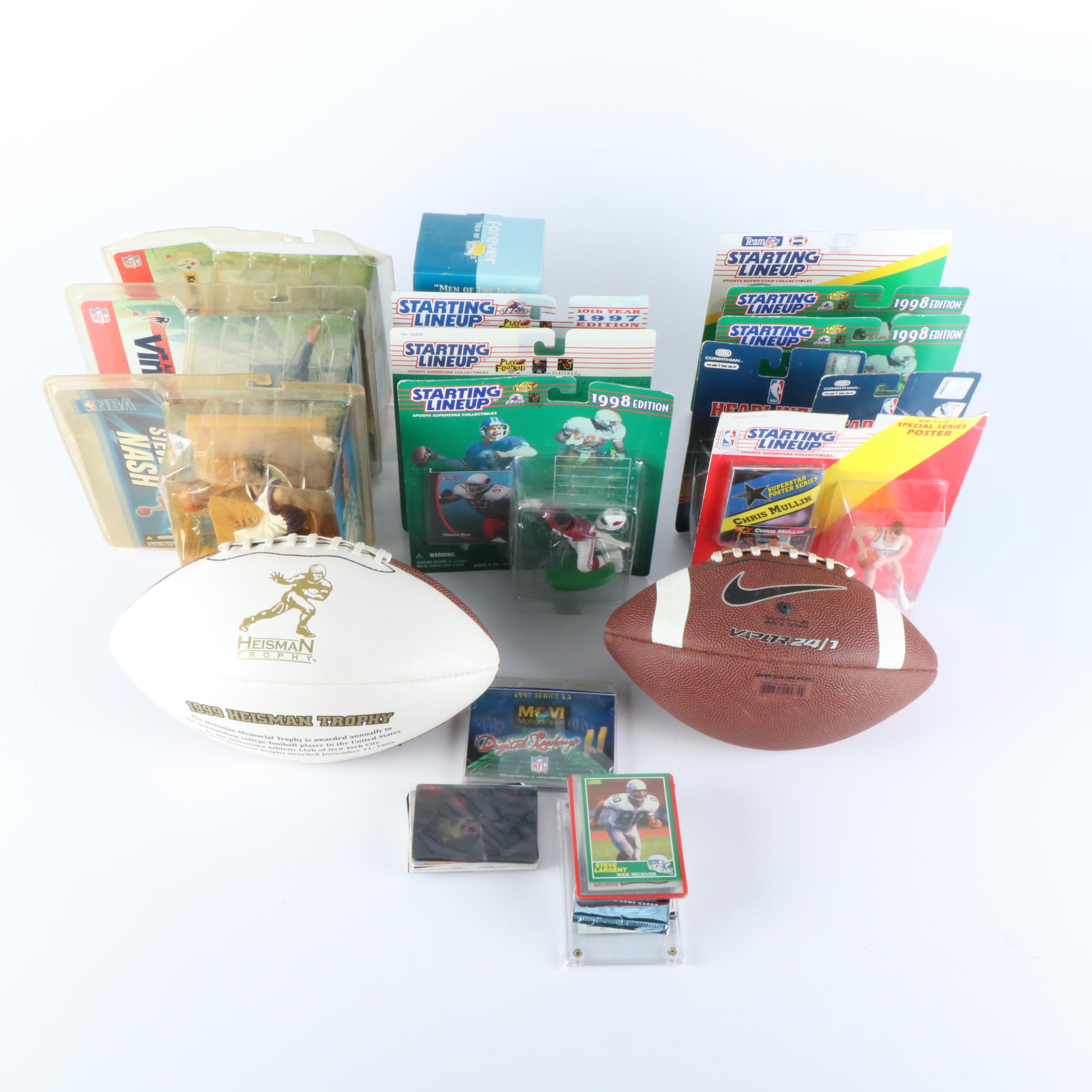 Sports Action Figures, Two Footballs and Trading Cards