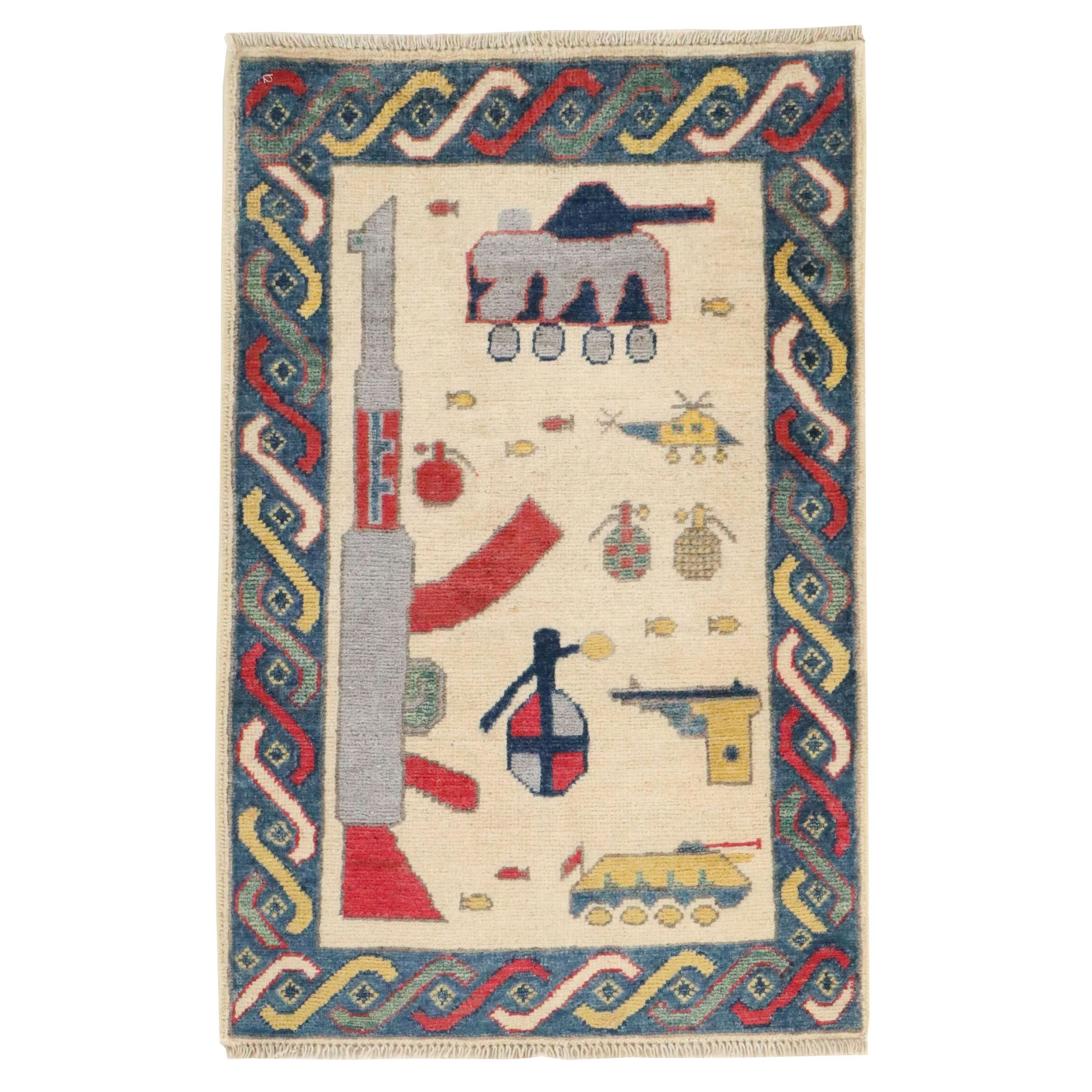 2' x 3'2 Hand-Knotted Afghan Pictorial War Accent Rug