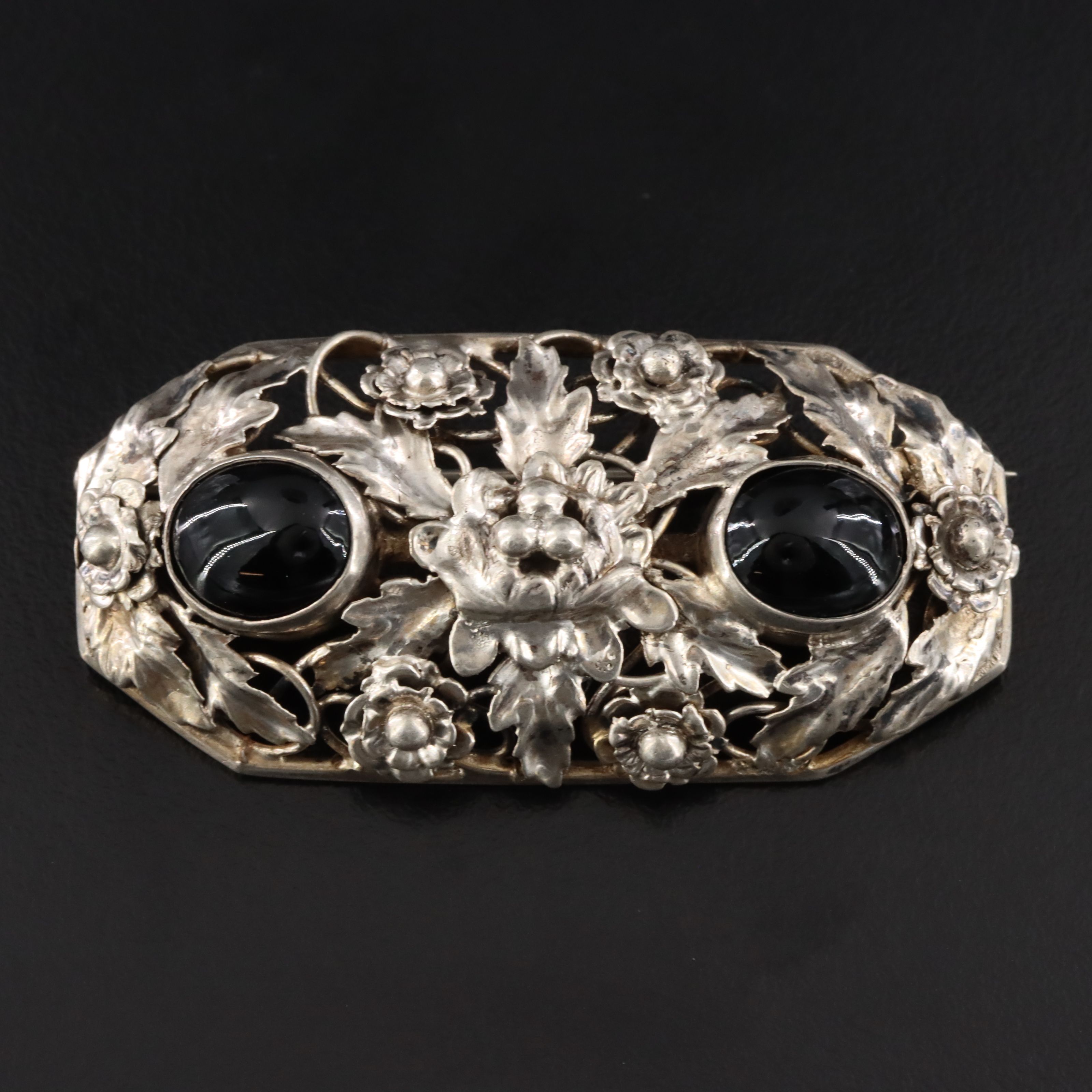 Vintage Sterling Black Onyx Floral Brooch