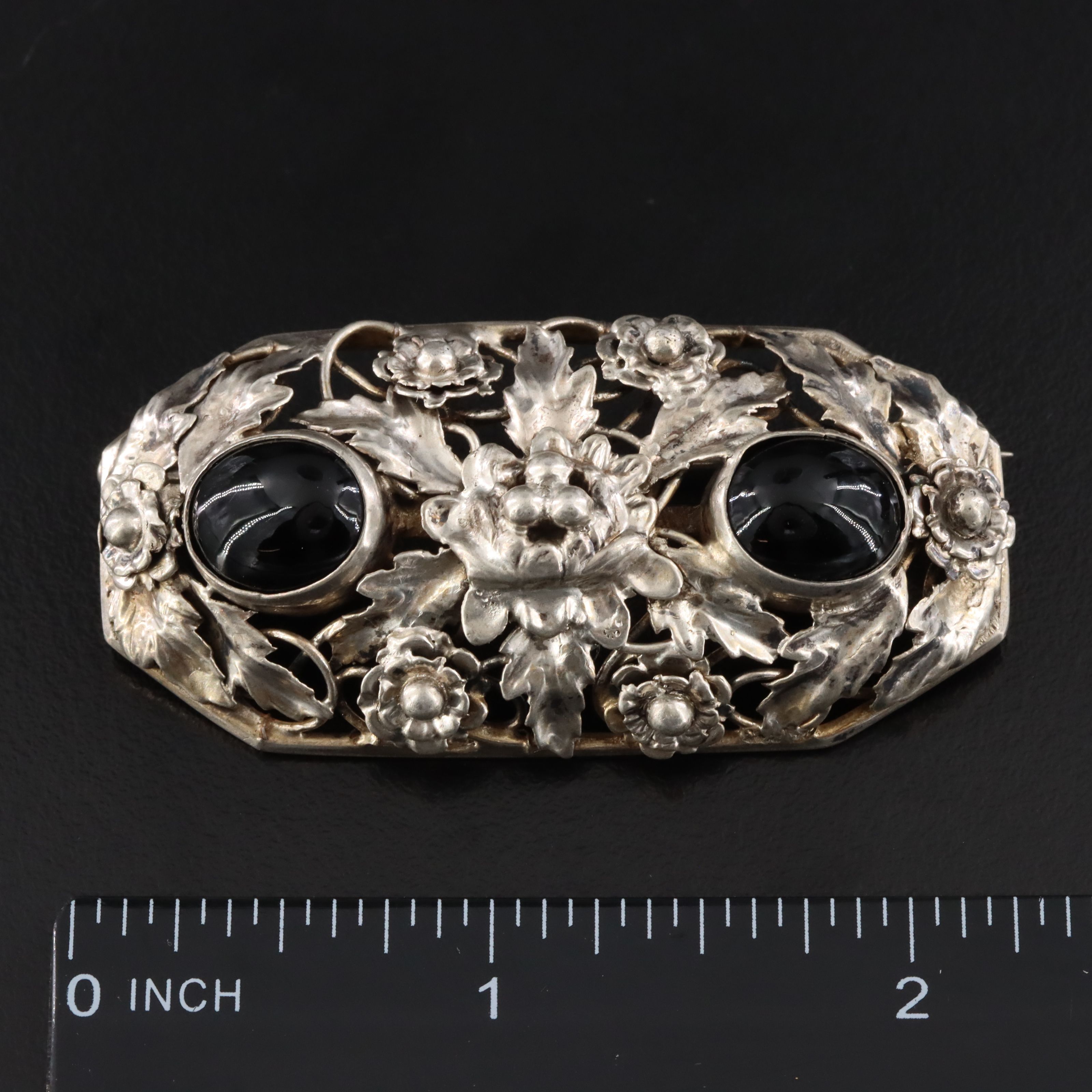 Vintage Sterling Black Onyx Floral Brooch