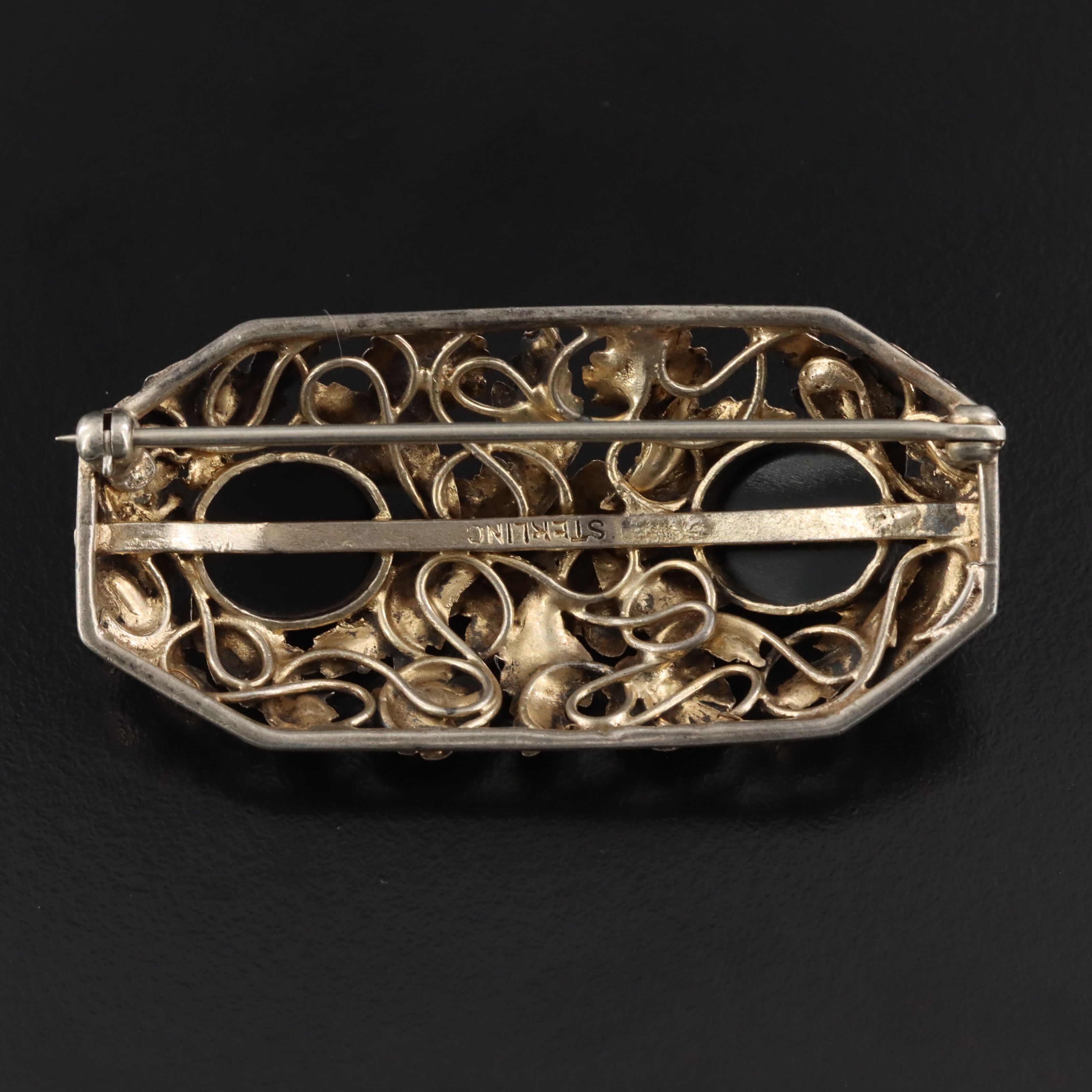 Vintage Sterling Black Onyx Floral Brooch