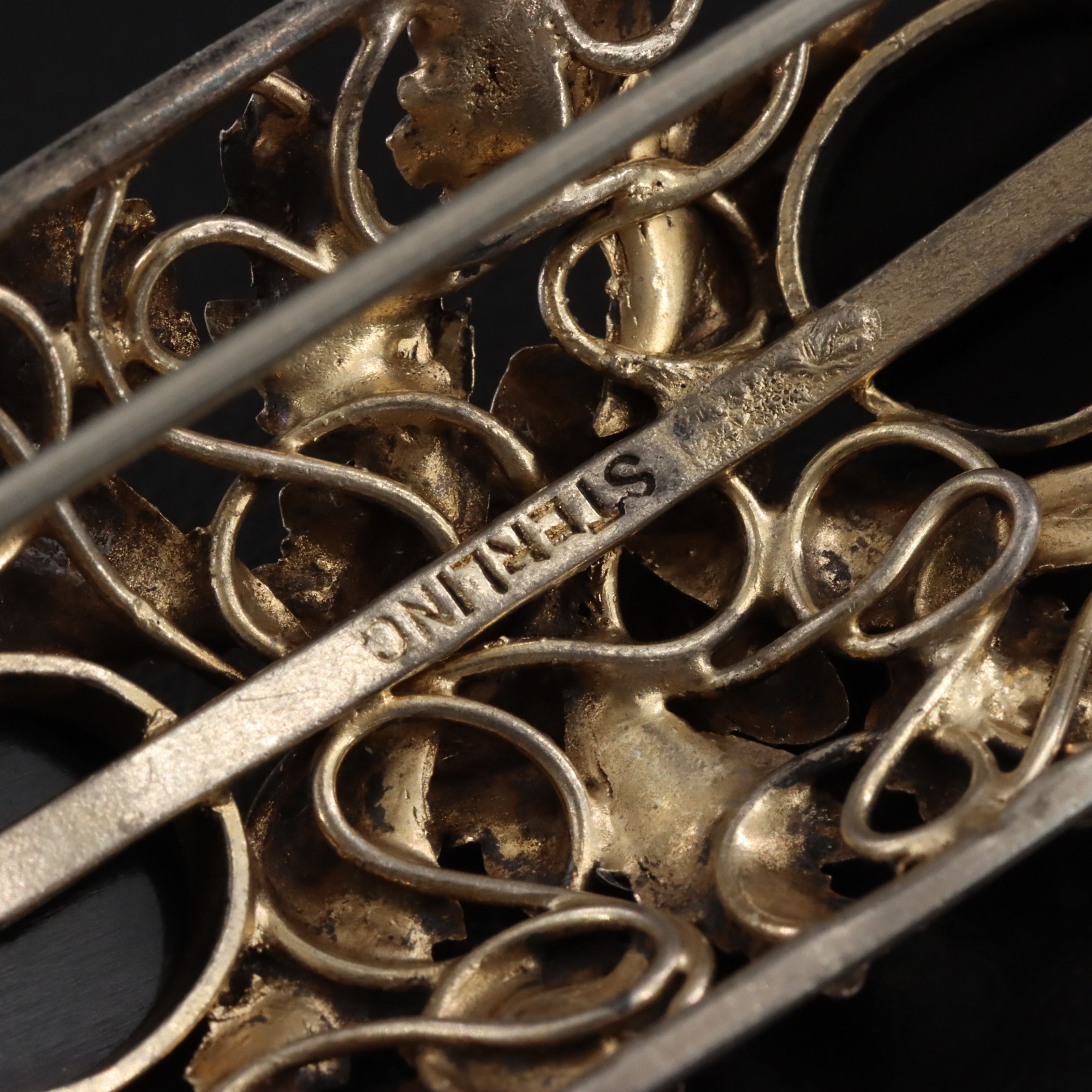 Vintage Sterling Black Onyx Floral Brooch