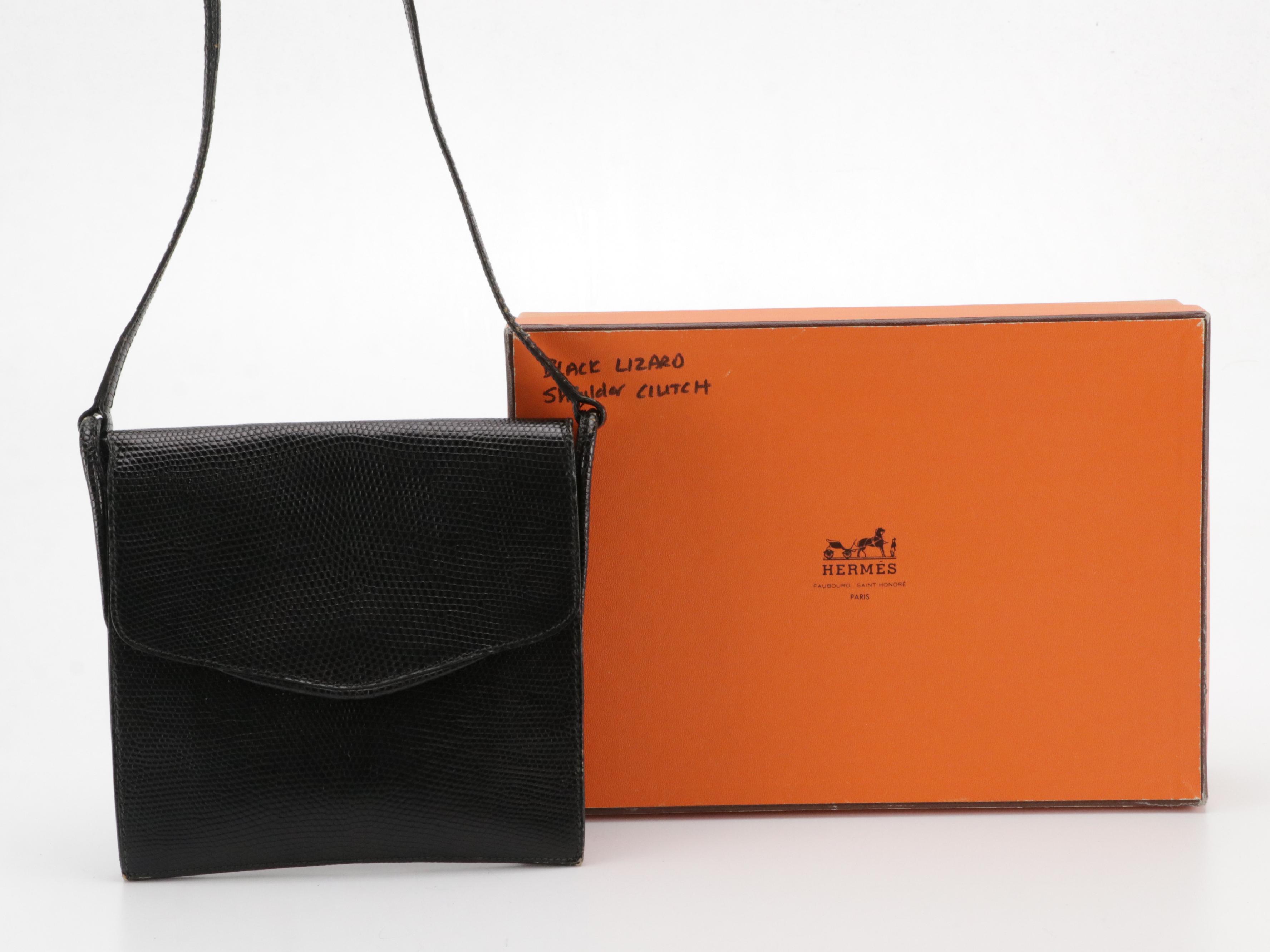 Hermès Vintage Black Lizardskin Leather Shoulder Bag in Box