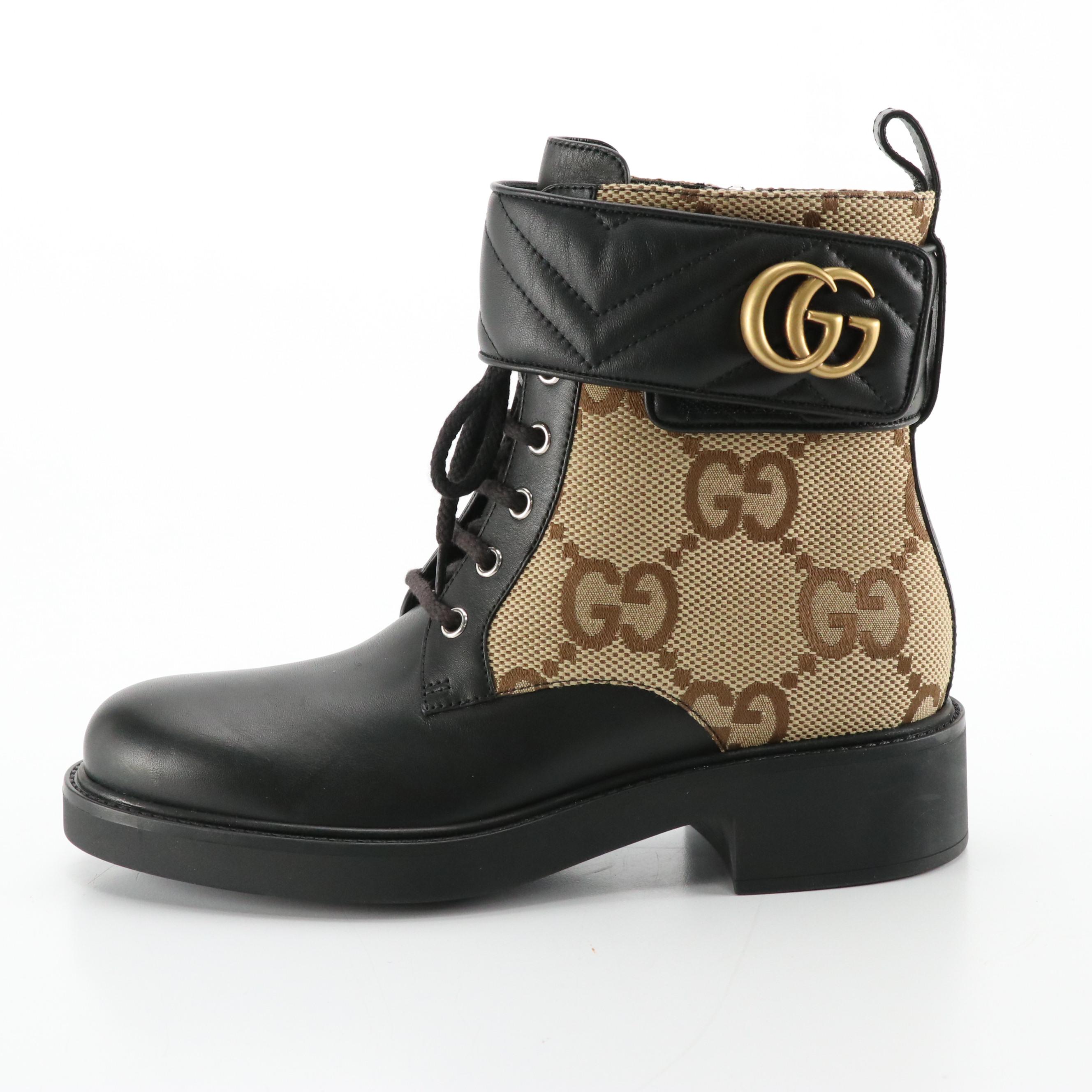 Gucci GG Marmont Strap Combat Boots in Jumbo Monogram Canvas & Calfskin Leather