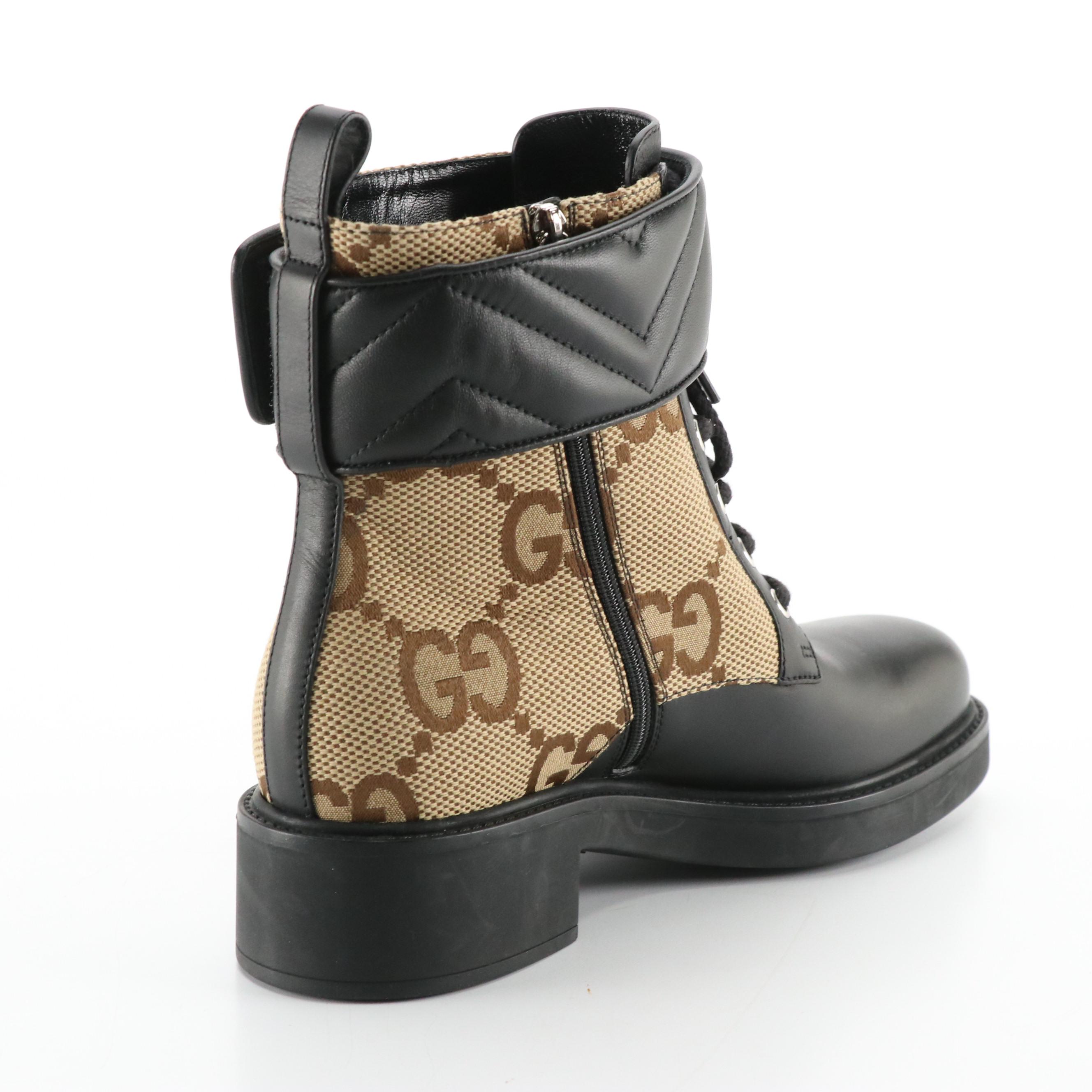 Gucci GG Marmont Strap Combat Boots in Jumbo Monogram Canvas & Calfskin Leather