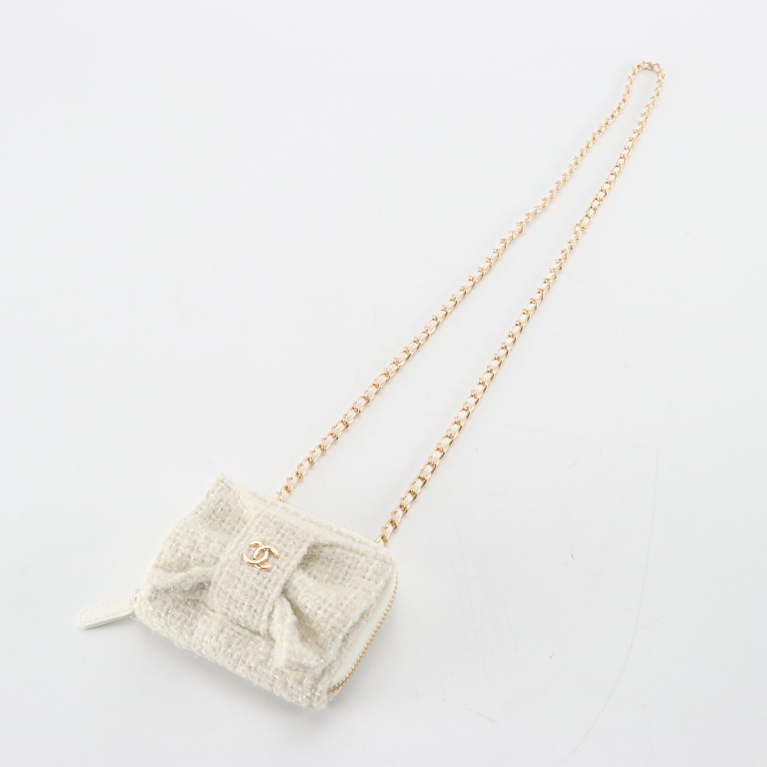Chanel VIP Gift Mini Bow Card Holder on Chain in Bouclé Tweed with Box