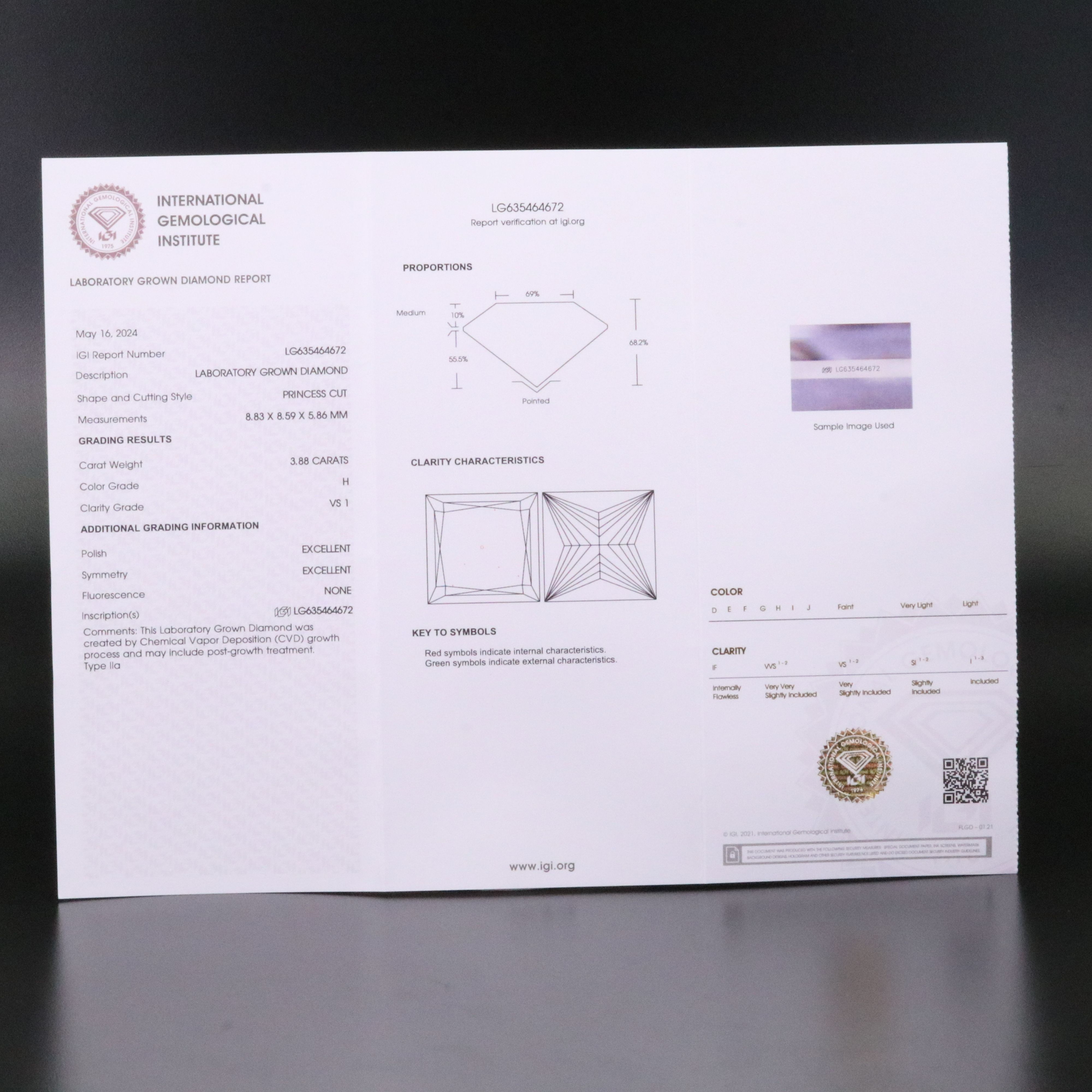 Loose 3.88 CT Lab Grown Diamond with IGI Report
