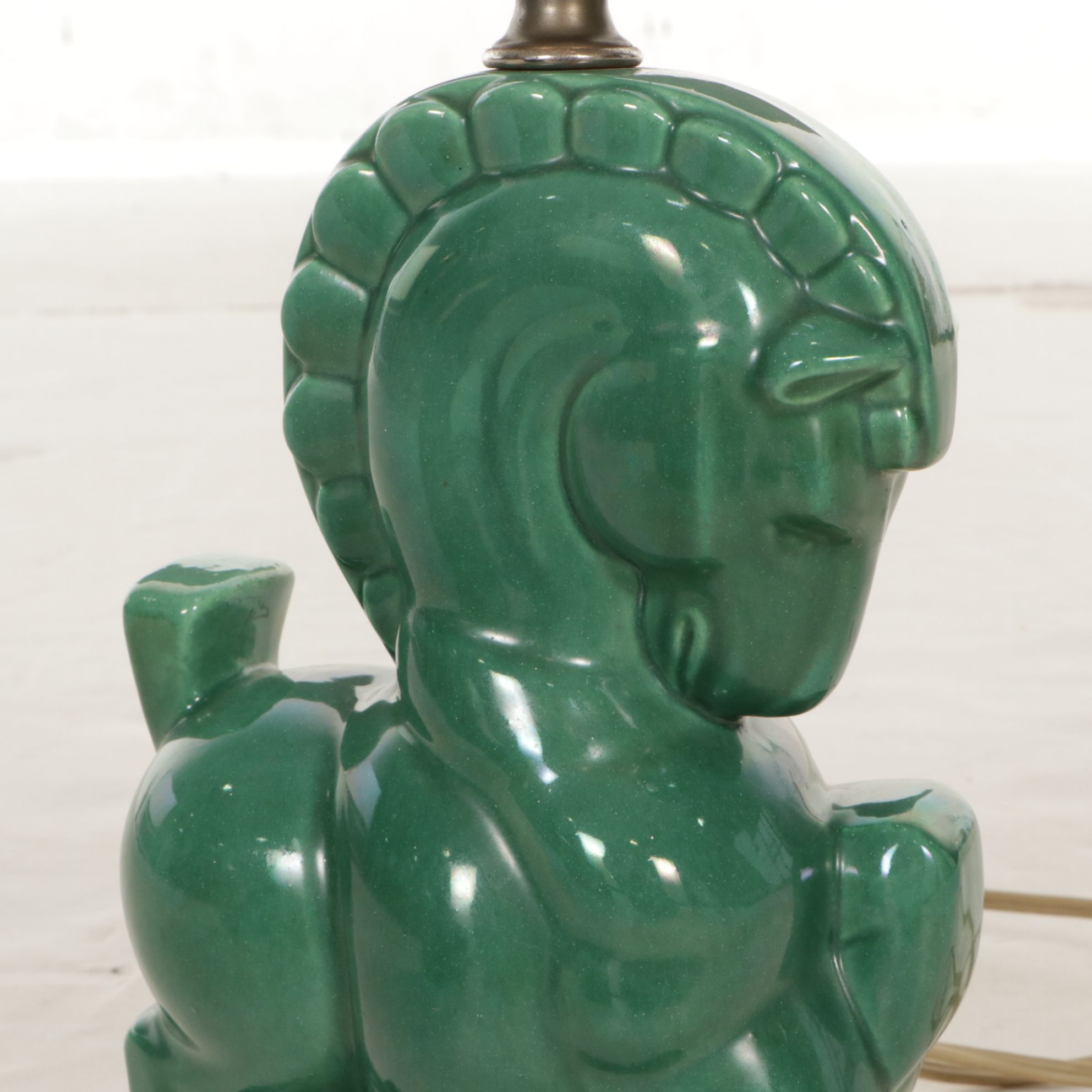 Mid Century Modern Trojan Horse Table Lamp with Black Silk Shade