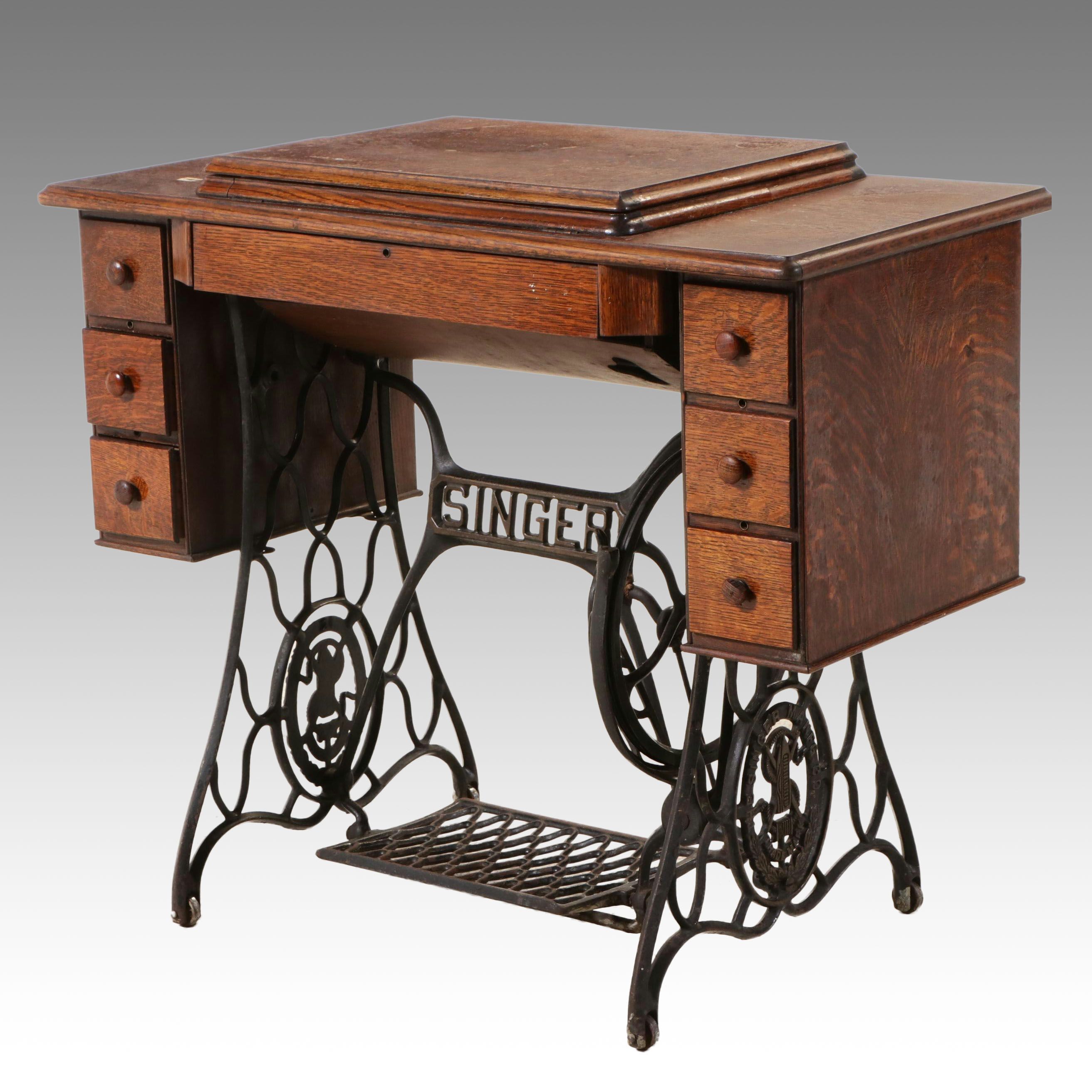 Singer Model 66 Treadle Sewing Machine in Oak Cabinet, 1922