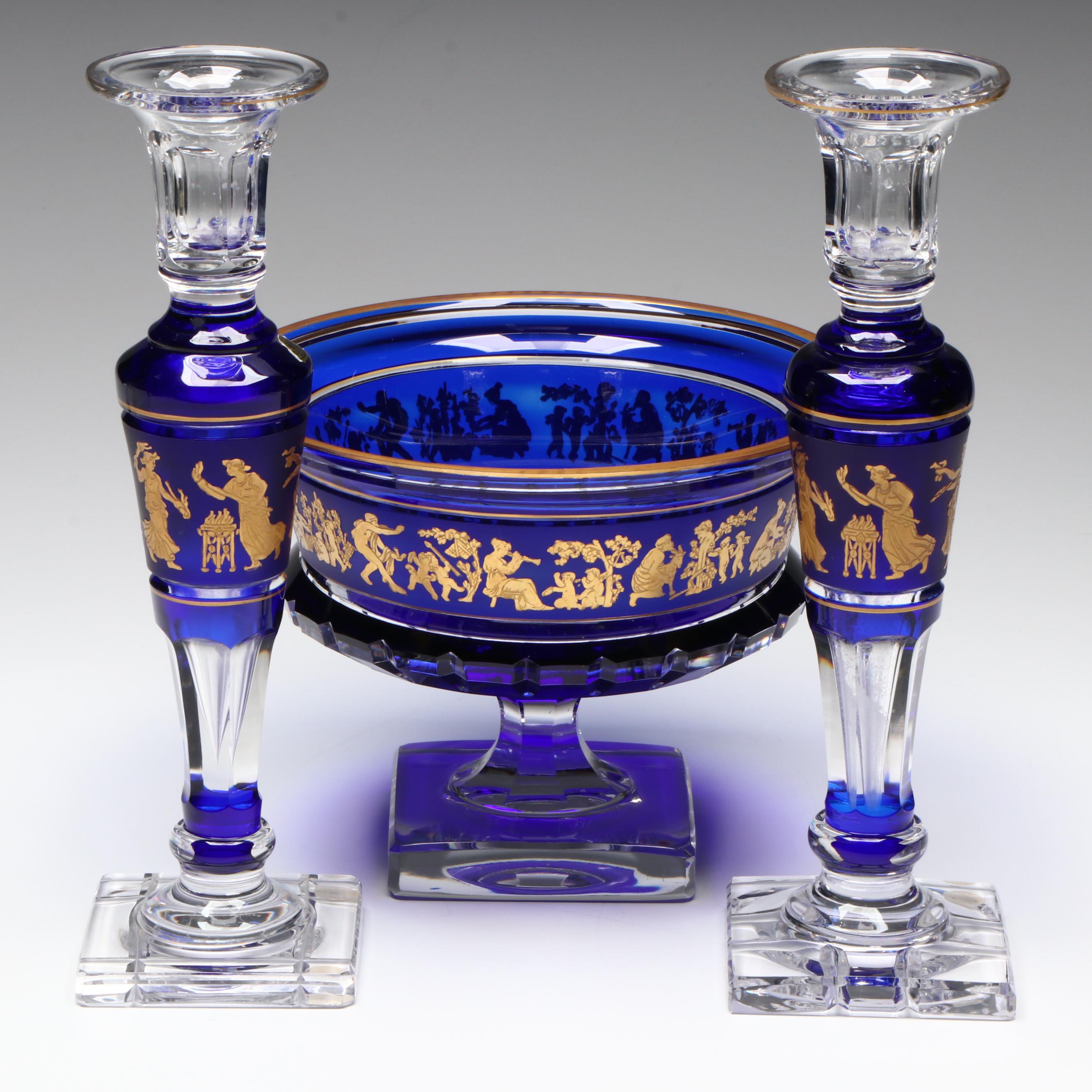 Val St. Lambert "Danse de Flore" Footed Bowl and Candlesticks Garniture Set