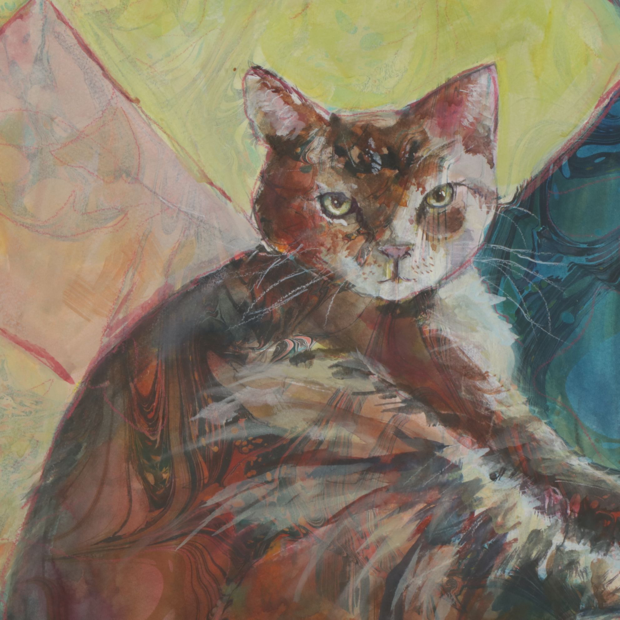 Lora Garcelon Stylized Watercolor Portrait Painting of Cat, Early 21st Century