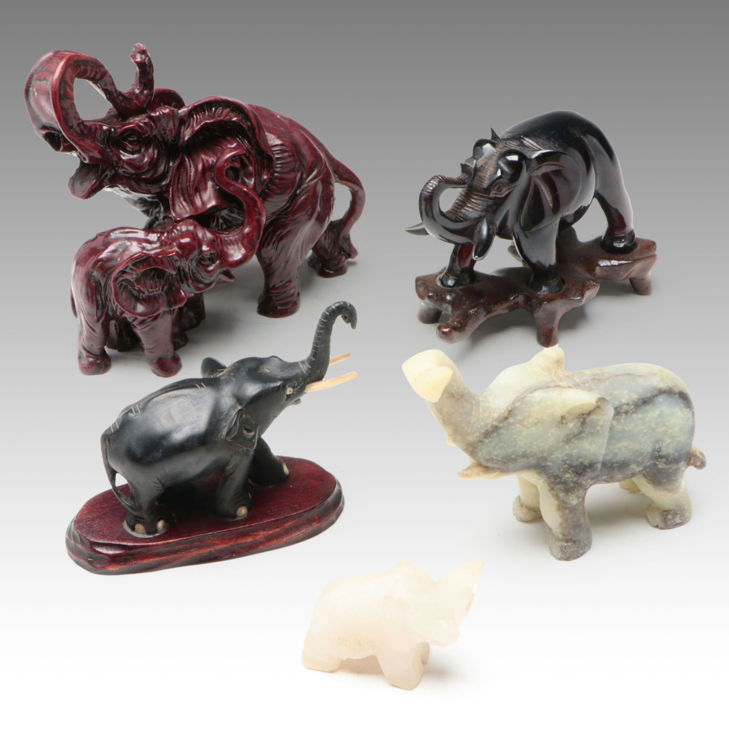 Asian Soapstone, Lacquer and Other Elephant Figurines