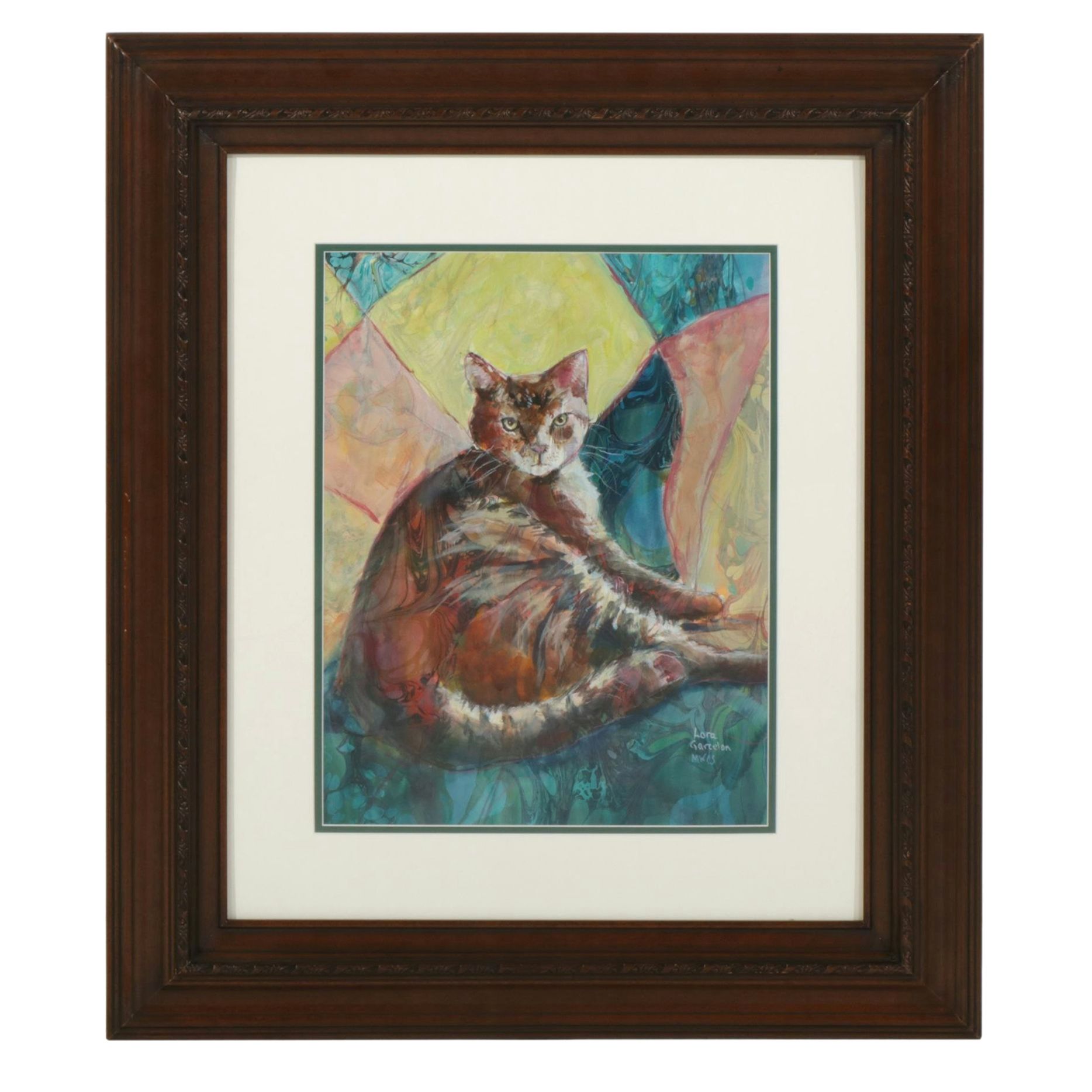 Lora Garcelon Stylized Watercolor Portrait Painting of Cat, Early 21st Century