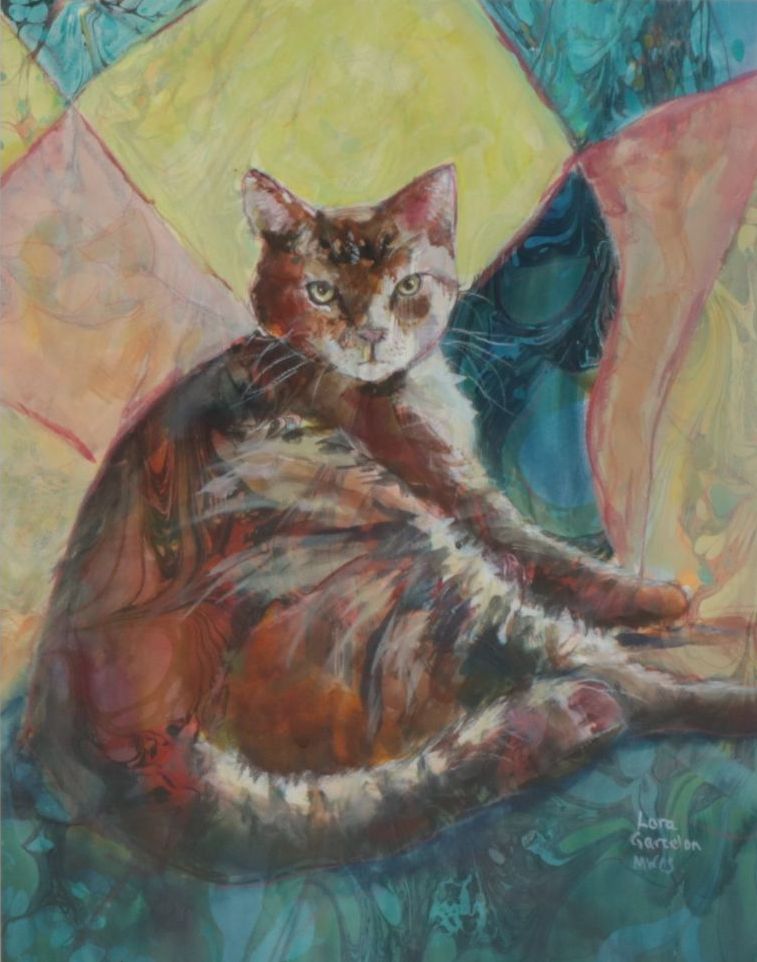 Lora Garcelon Stylized Watercolor Portrait Painting of Cat, Early 21st Century