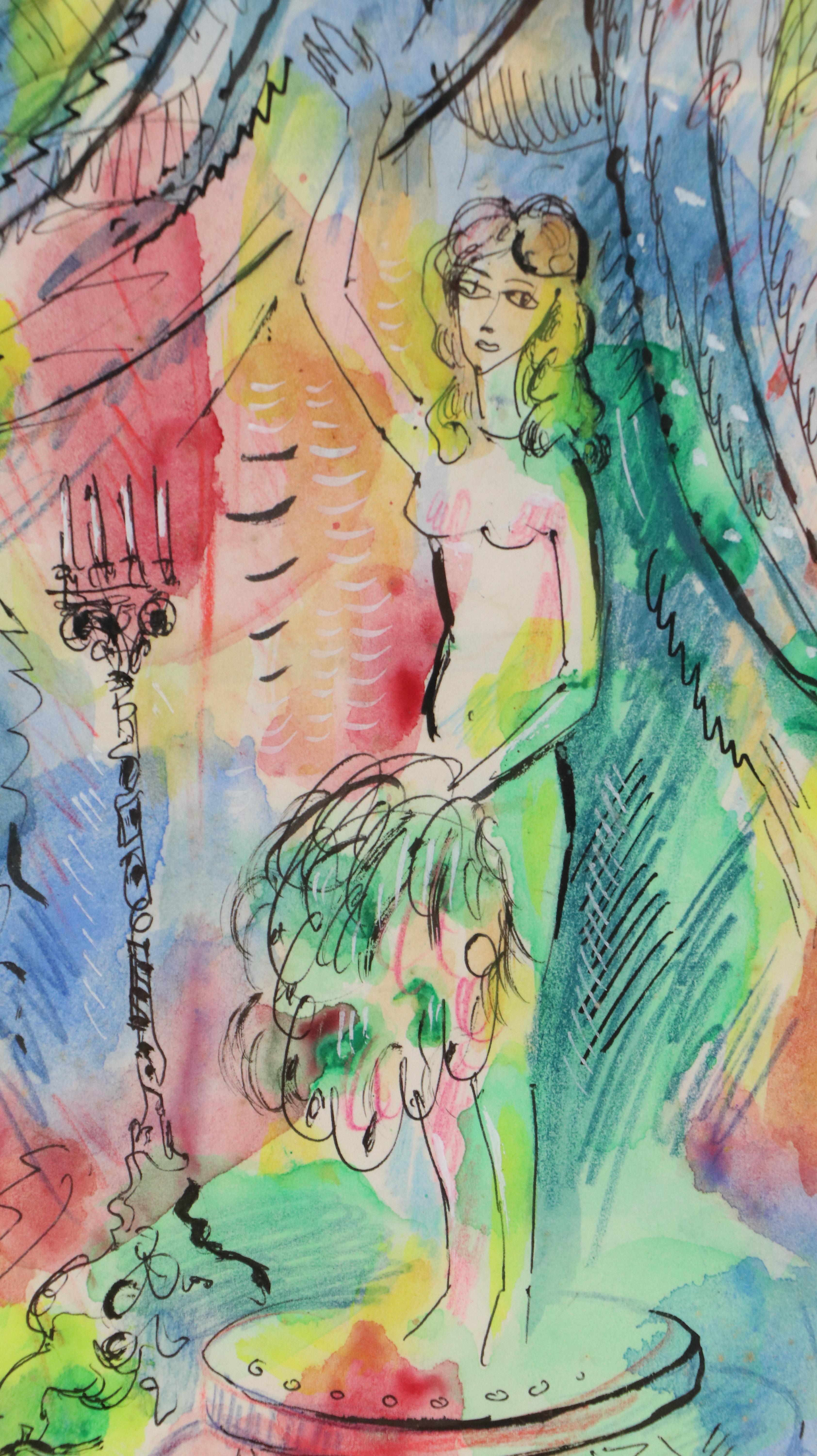 Fauvist Style Mixed Media Painting of Nude Model in Studio, 1978