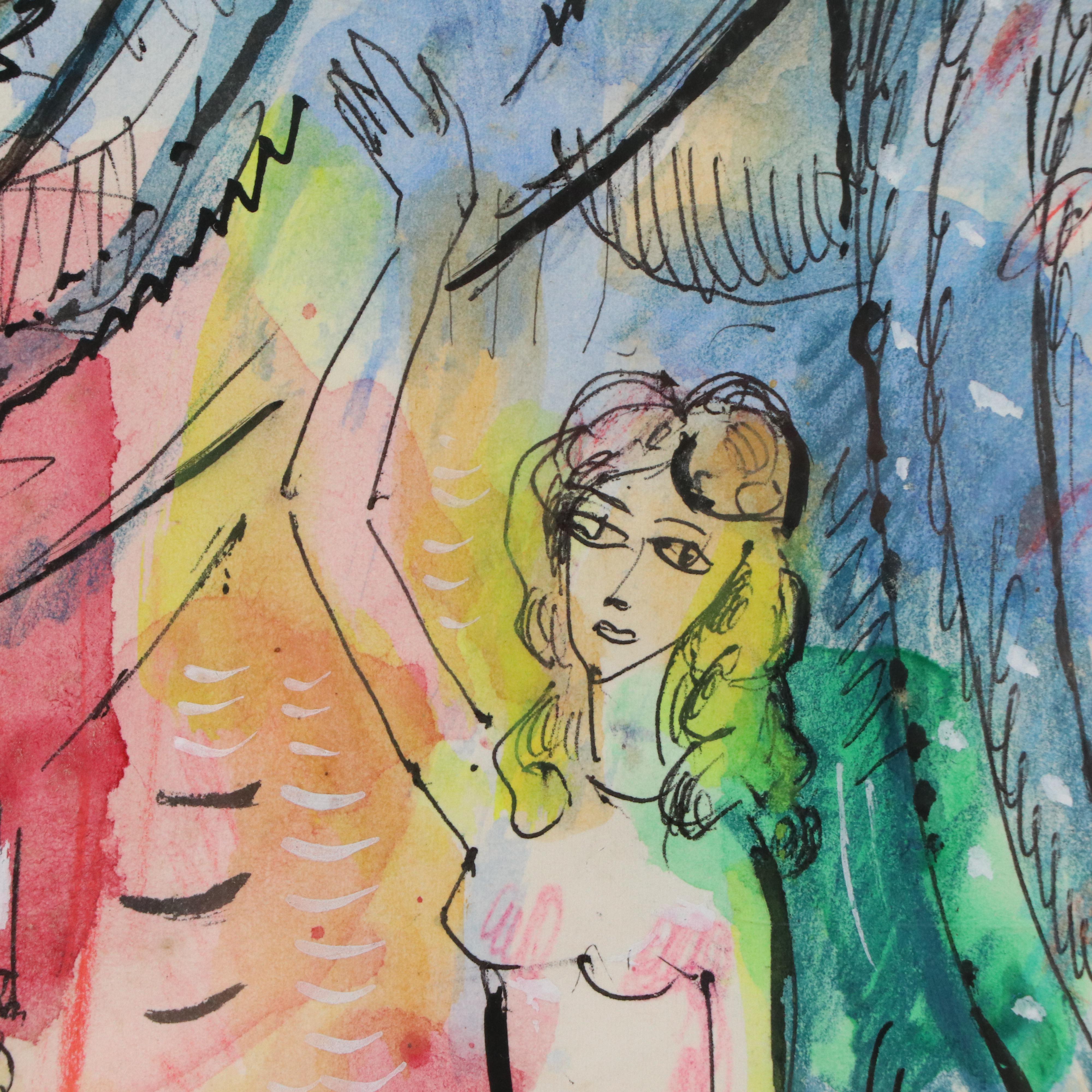 Fauvist Style Mixed Media Painting of Nude Model in Studio, 1978