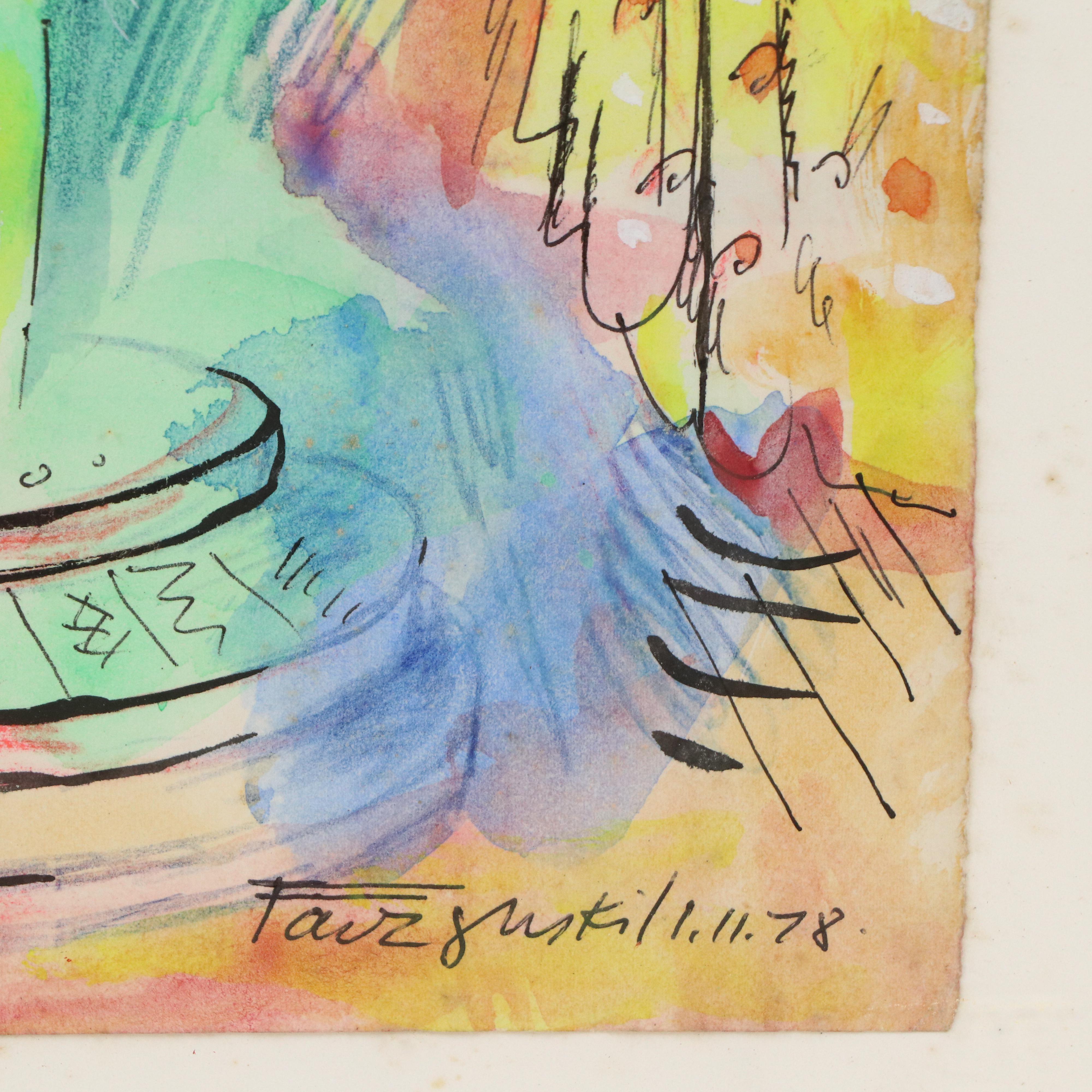 Fauvist Style Mixed Media Painting of Nude Model in Studio, 1978