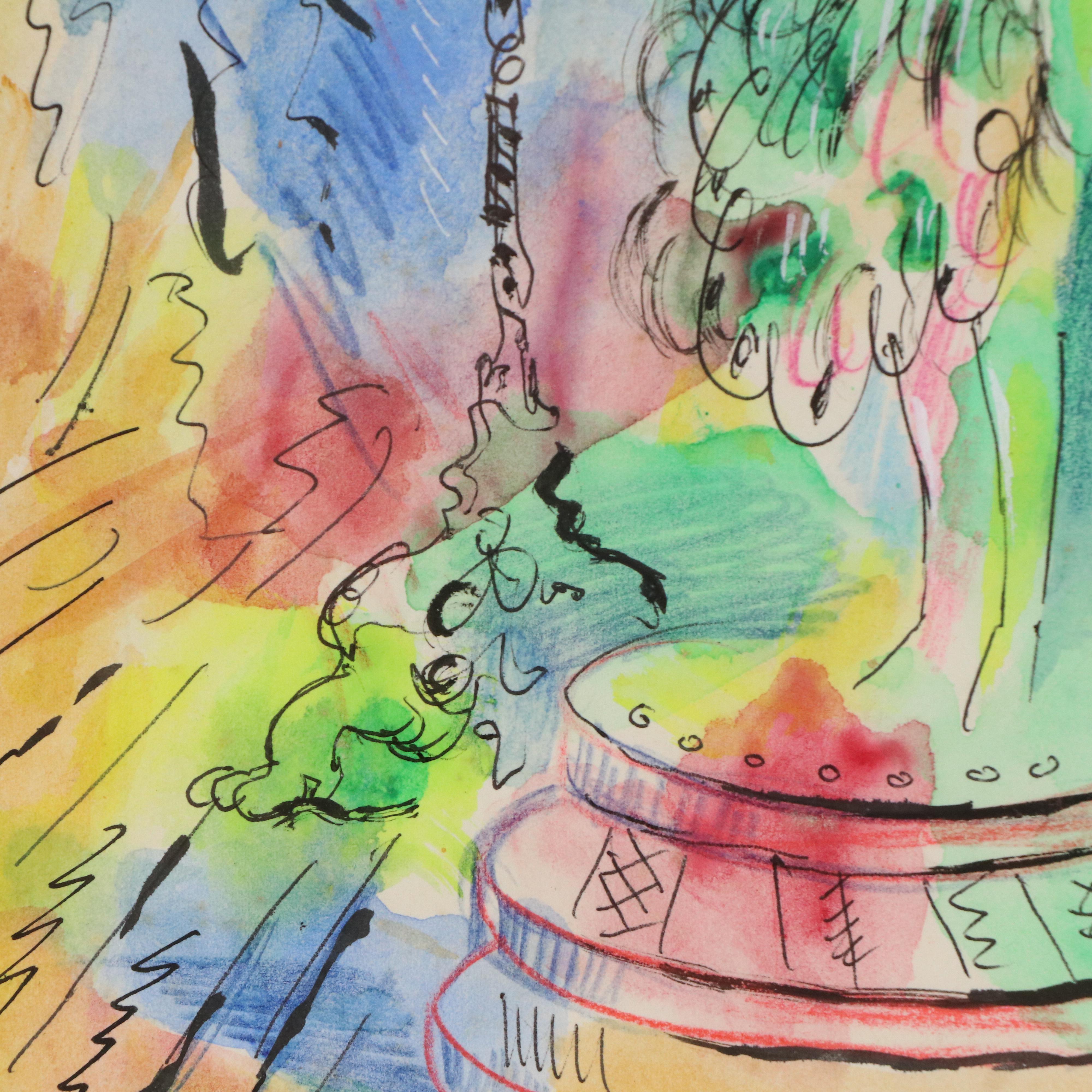 Fauvist Style Mixed Media Painting of Nude Model in Studio, 1978