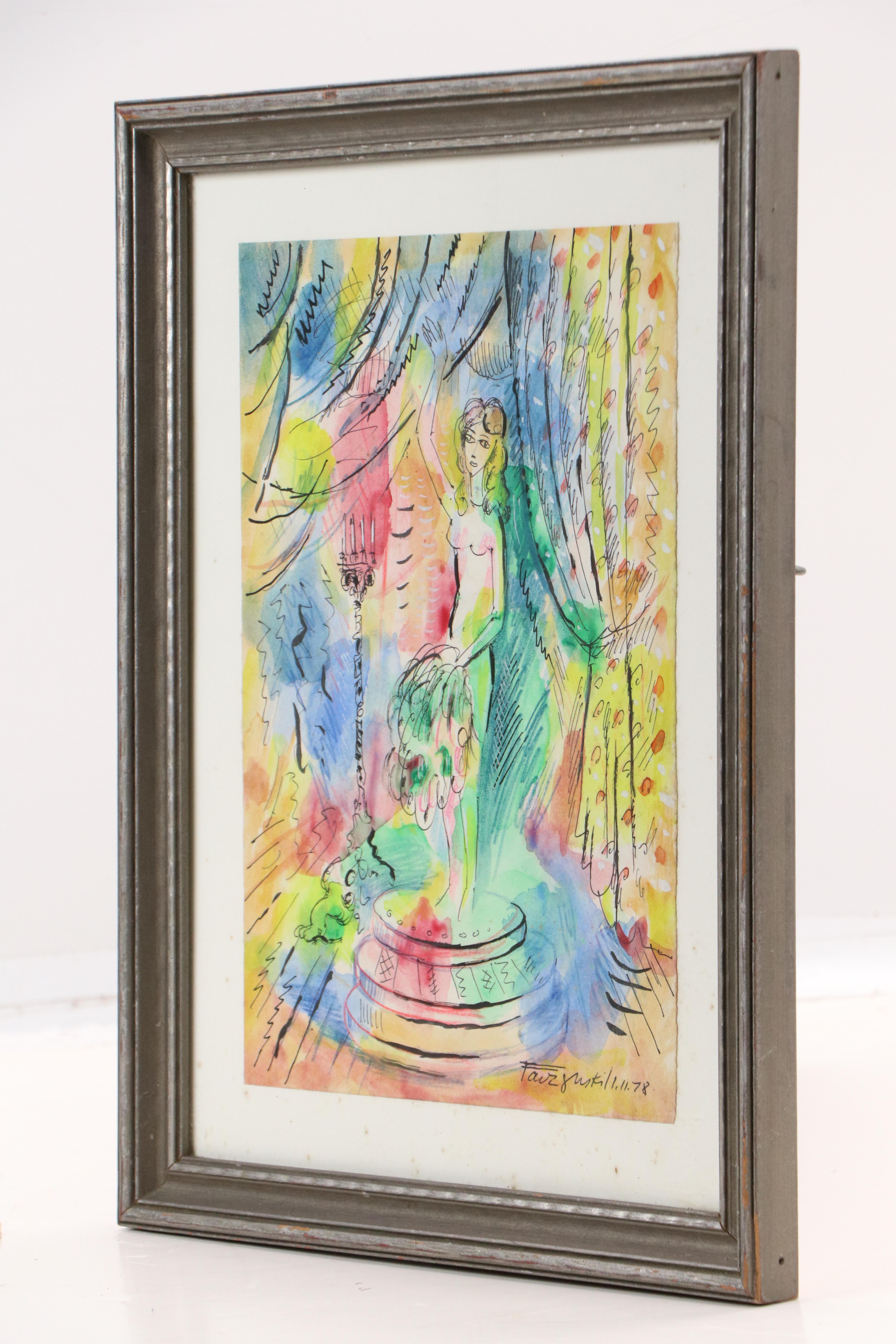 Fauvist Style Mixed Media Painting of Nude Model in Studio, 1978