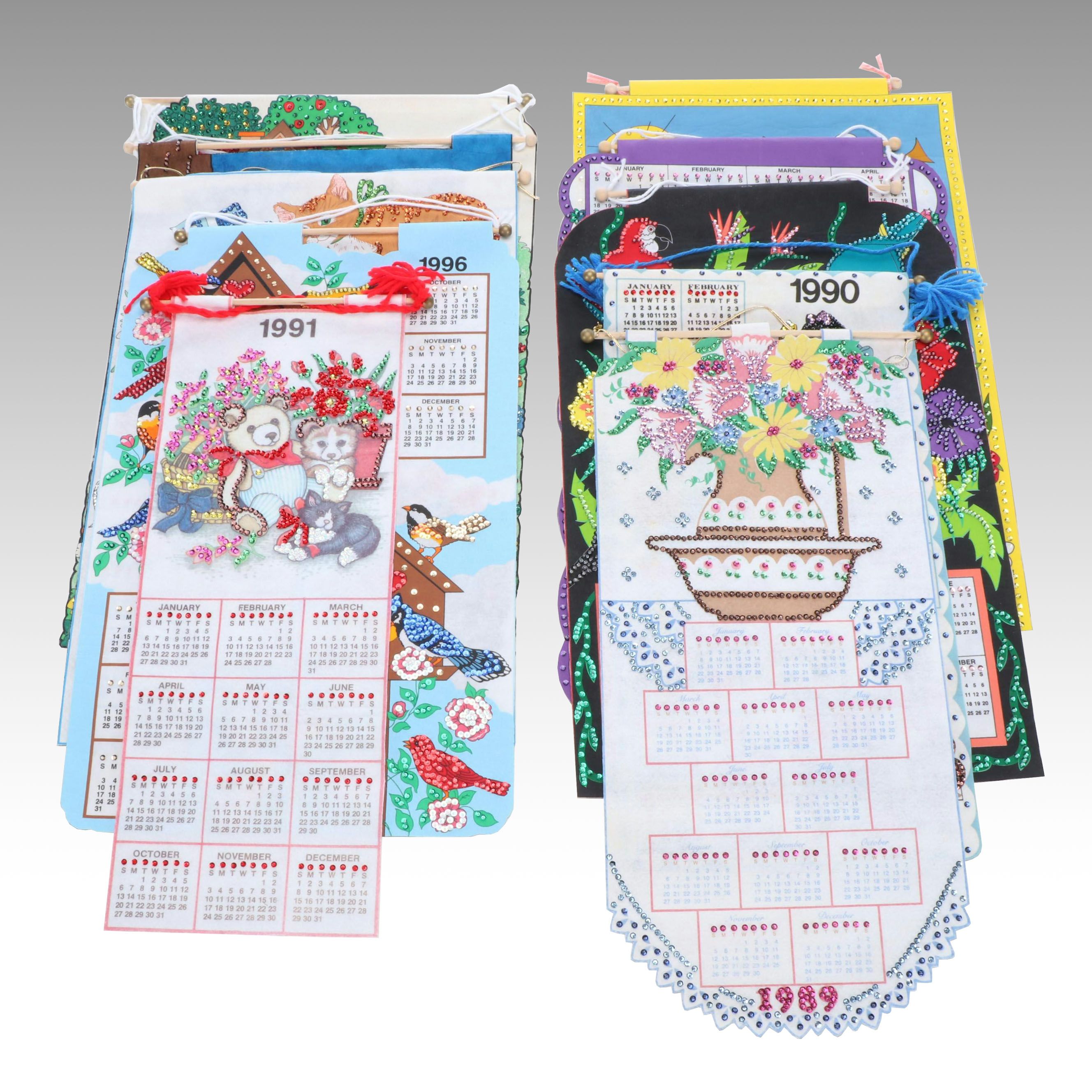 Cats, Perching Owls, Angels and Other Embellished Fabric Wall Calendars, 1990s