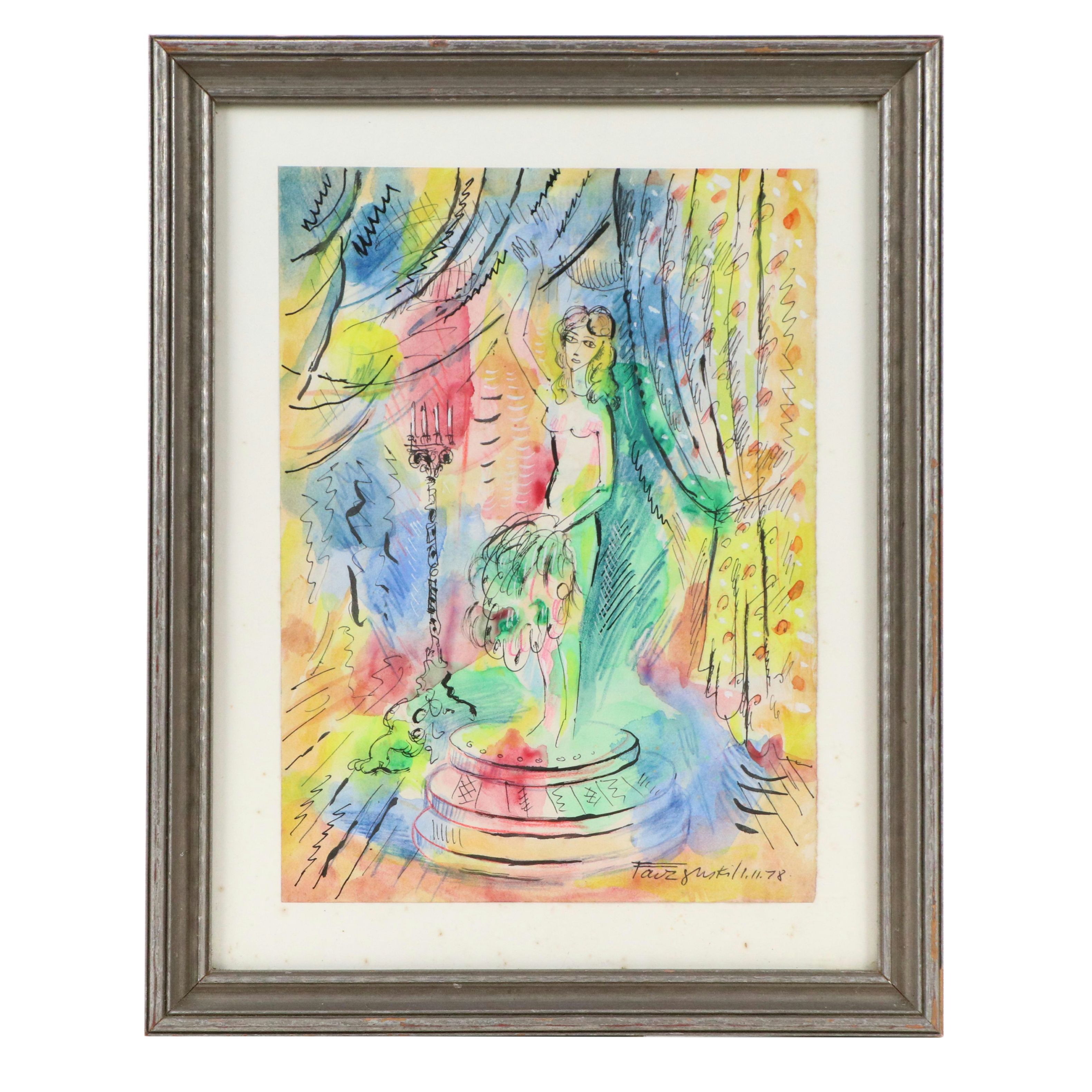 Fauvist Style Mixed Media Painting of Nude Model in Studio, 1978