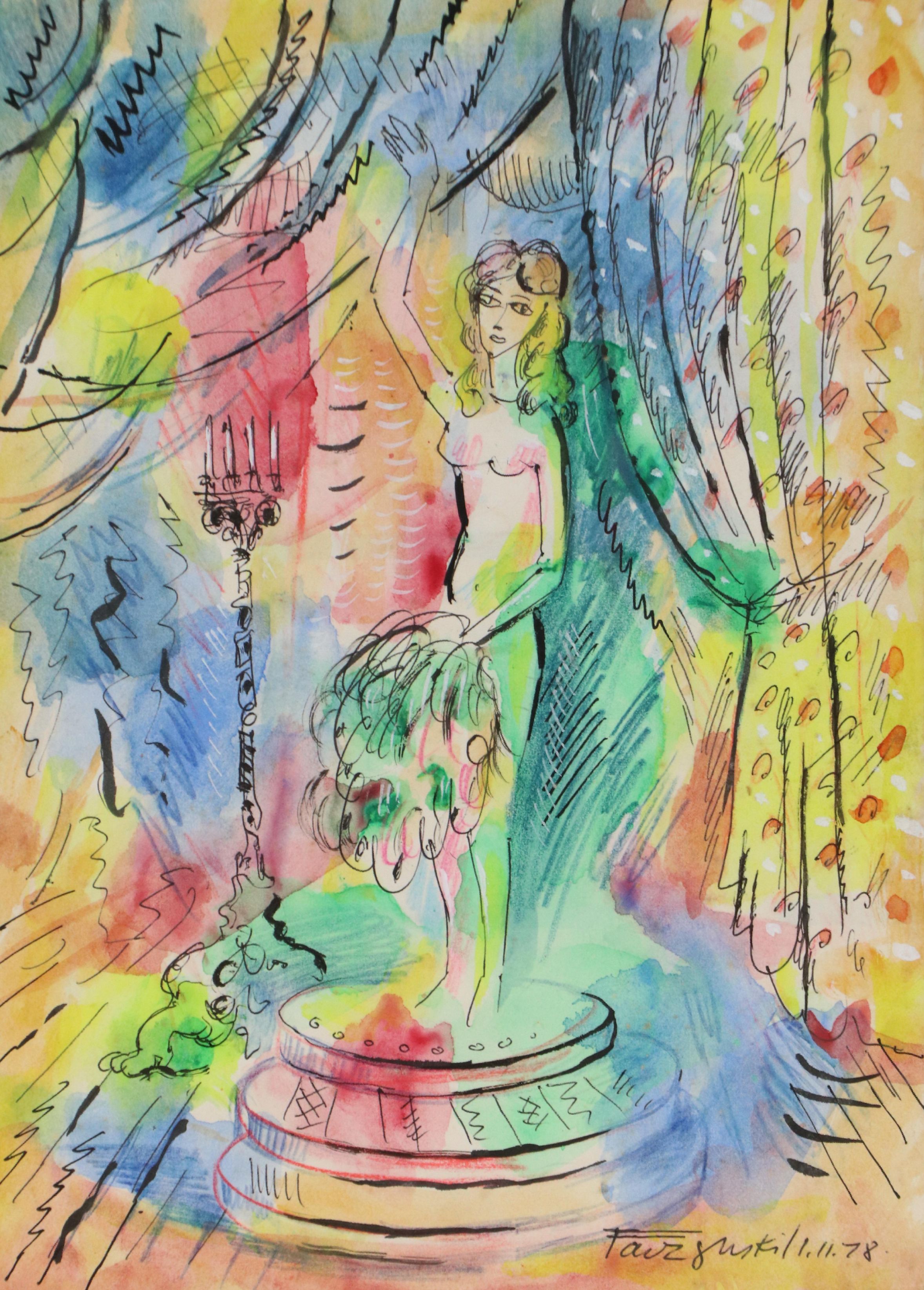 Fauvist Style Mixed Media Painting of Nude Model in Studio, 1978