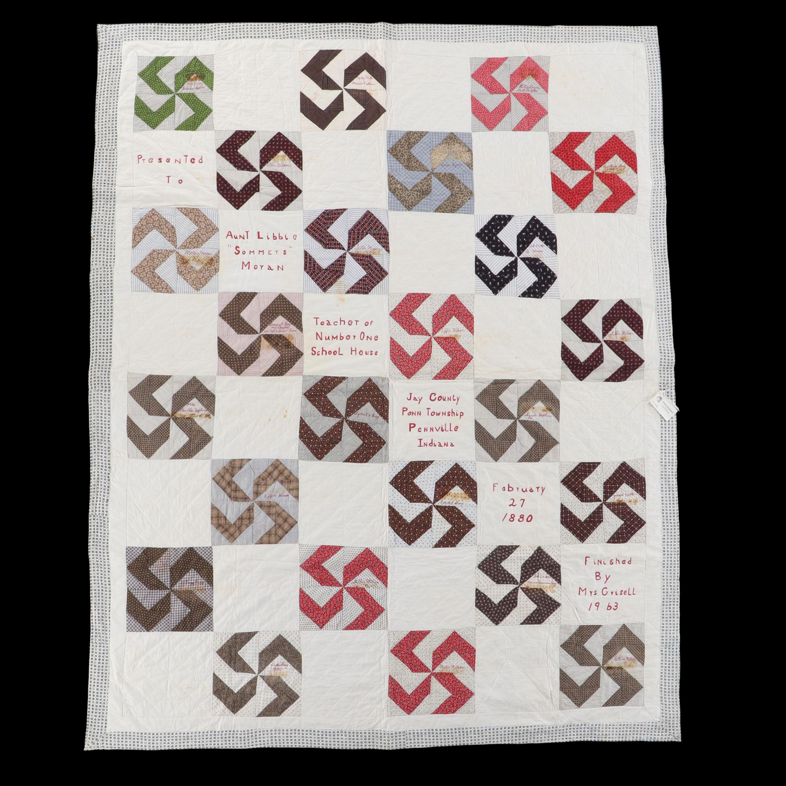 Hand-Pieced "Whirling Log Pinwheel" Cotton Student Quilt, Circa 1880