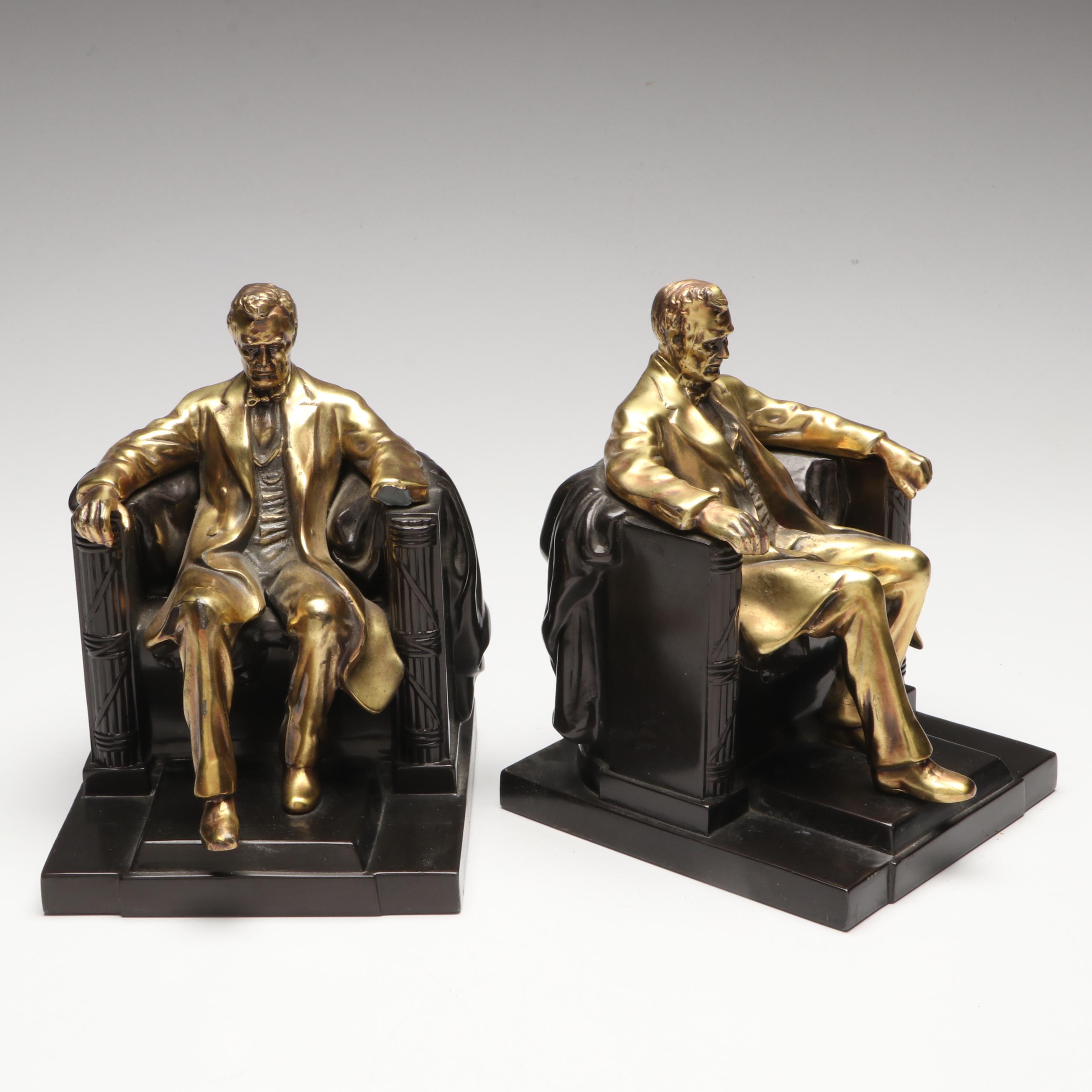 Philadelphia Mfg. Co. "Lincoln In The Chair" Marble and Brass Bookends
