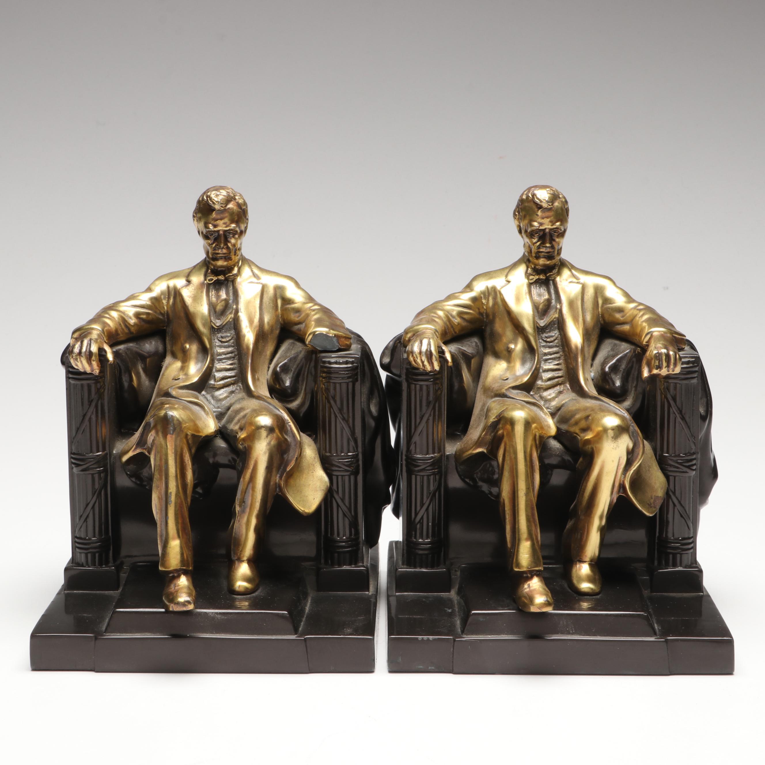 Philadelphia Mfg. Co. "Lincoln In The Chair" Marble and Brass Bookends