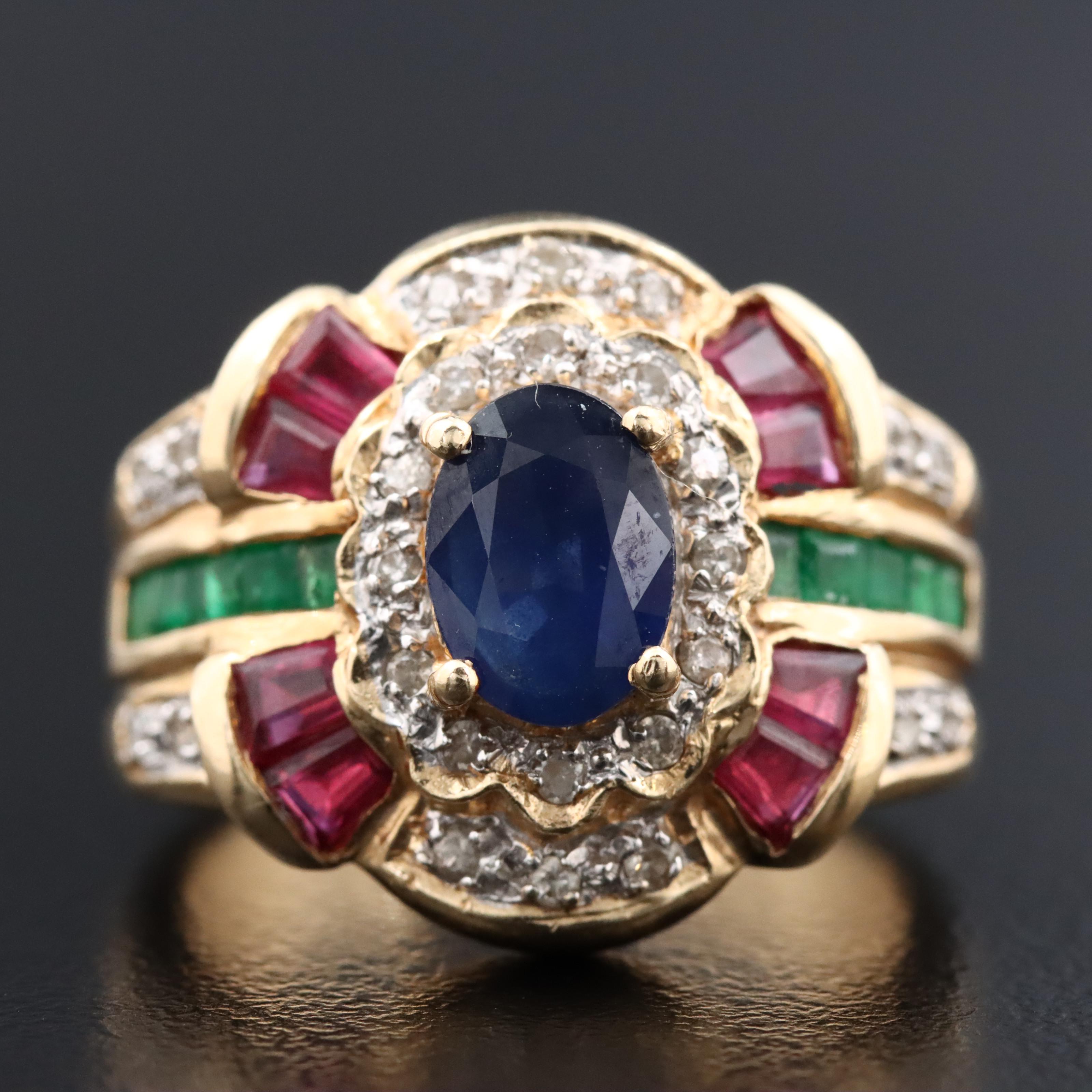 14K Sapphire, Ruby, Emerald and Diamond Ring
